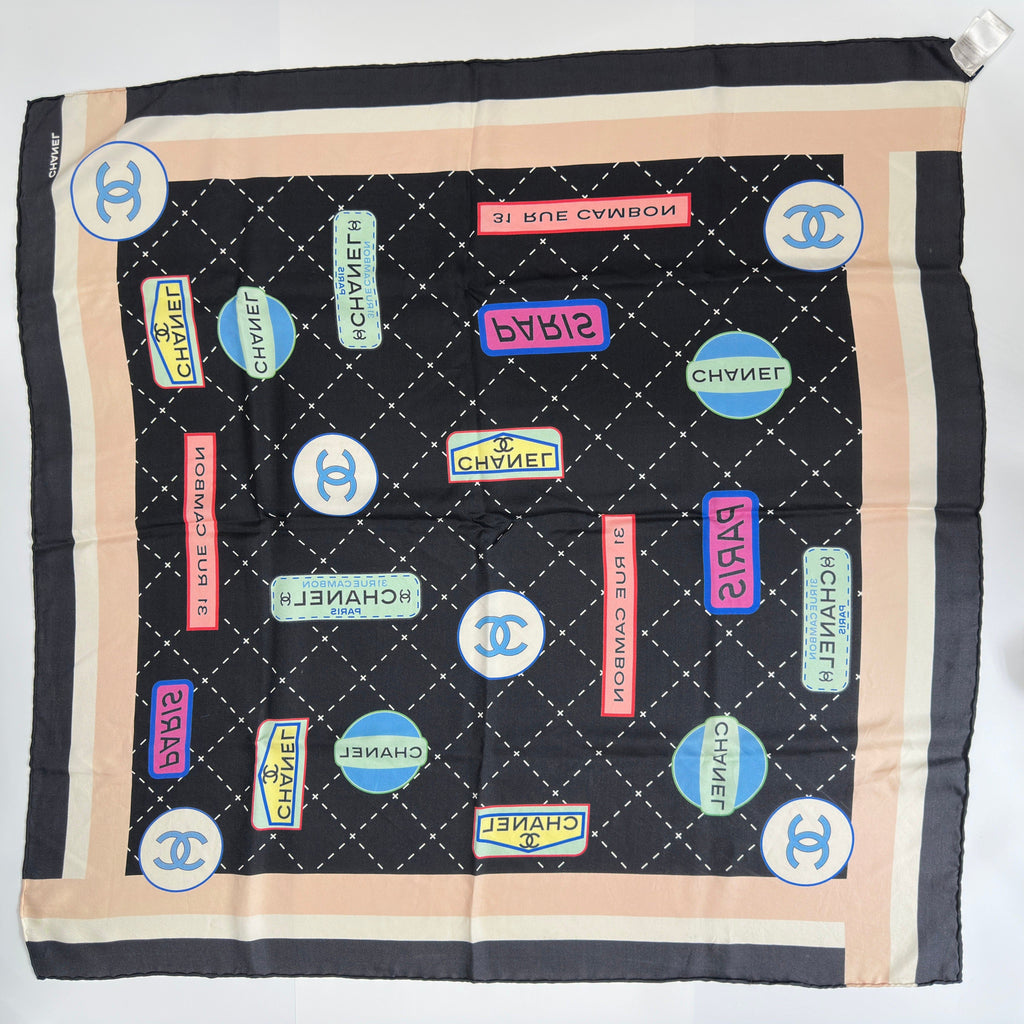 Chanel Paris Labels Print Black Beige Silk Scarf