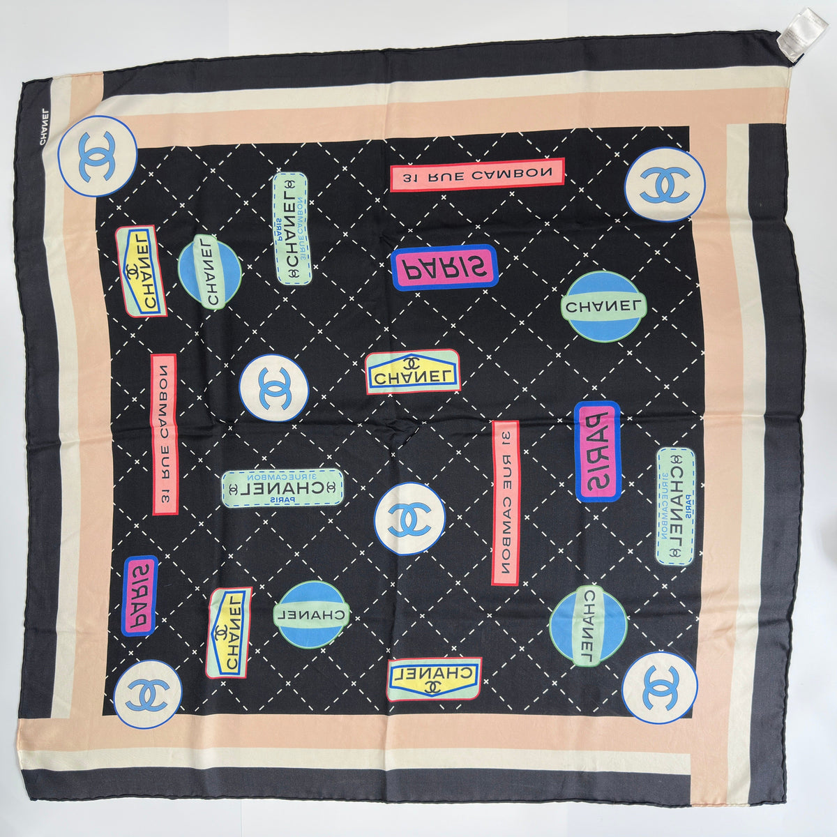 Chanel Paris Labels Print Black Beige Silk Scarf
