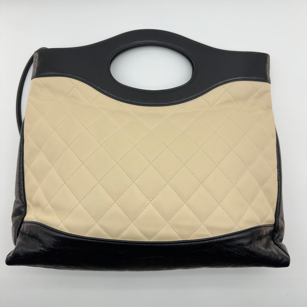 Chanel Quilted Beige Black Leather Trim Shoulder Tote Bag
