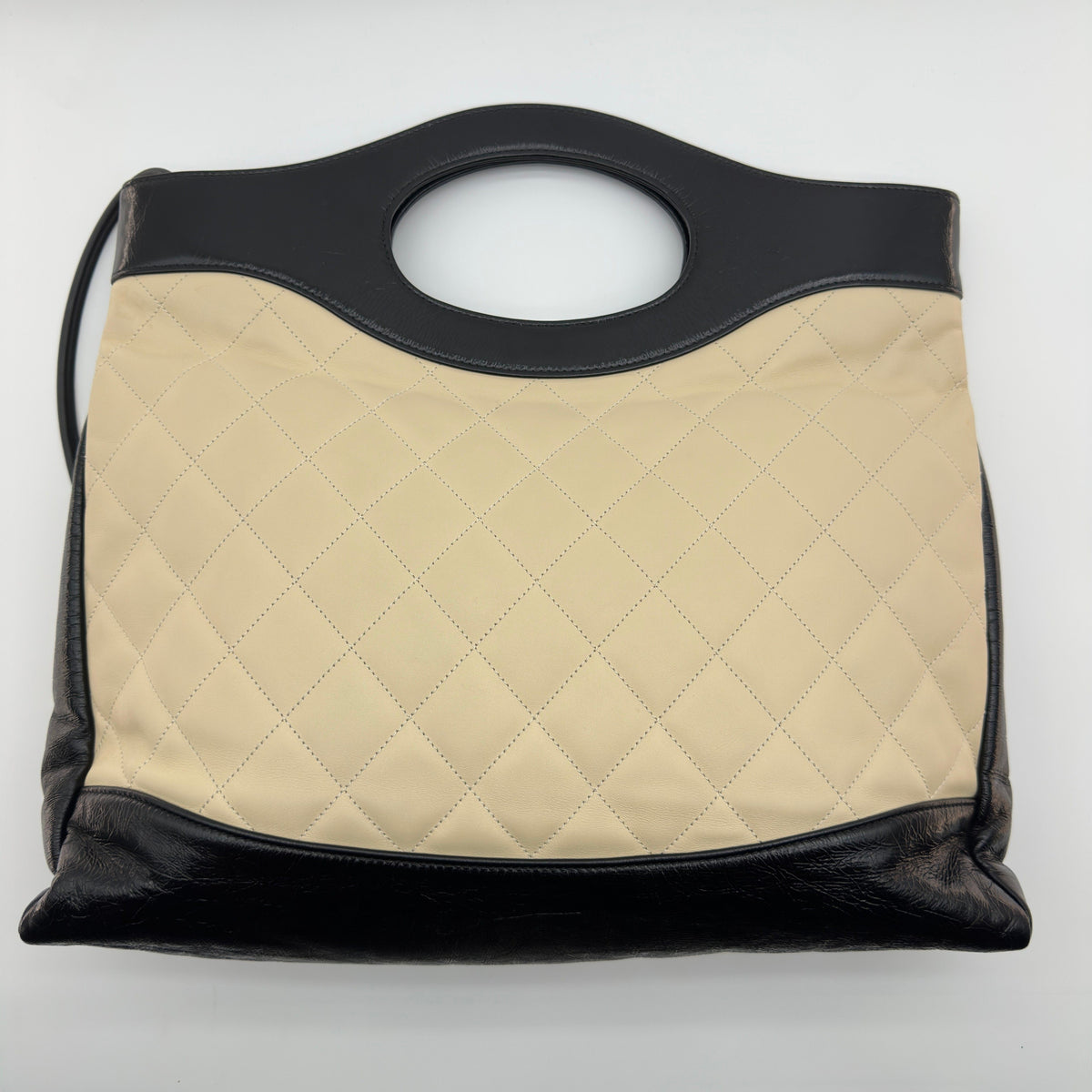 Chanel Quilted Beige Black Leather Trim Shoulder Tote Bag