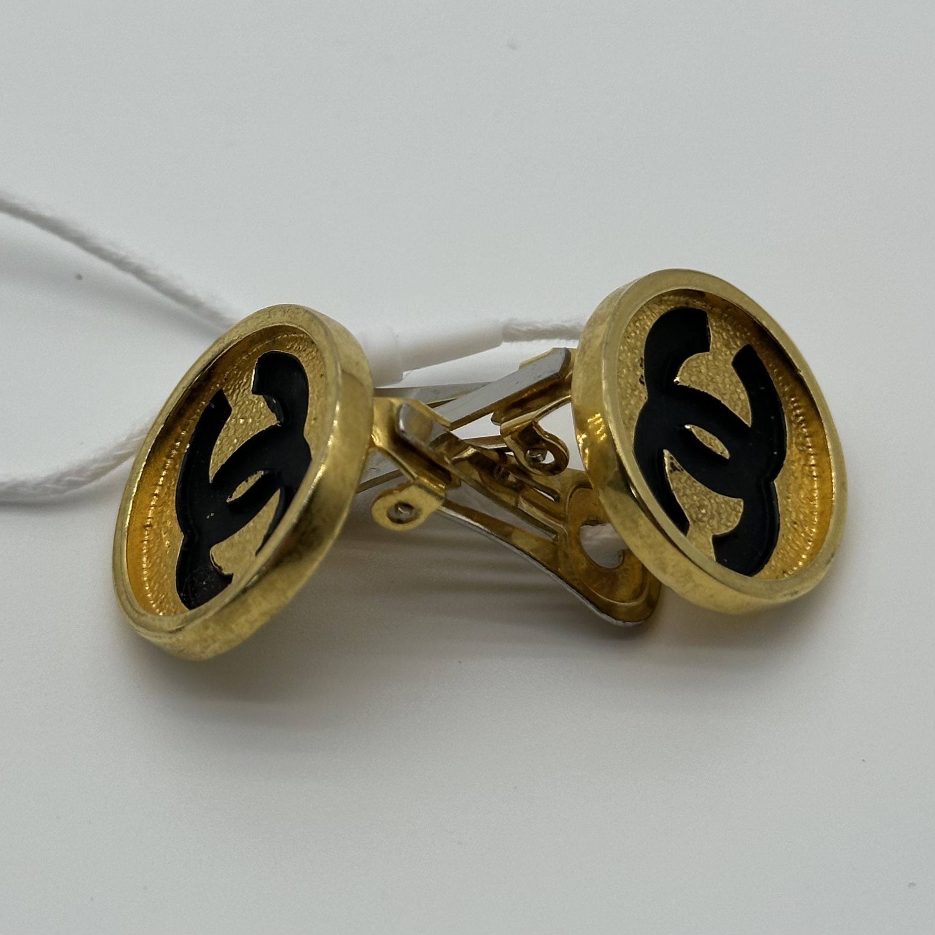 Chanel Gold Medallion Black Logo Clip-On Earrings Vintage