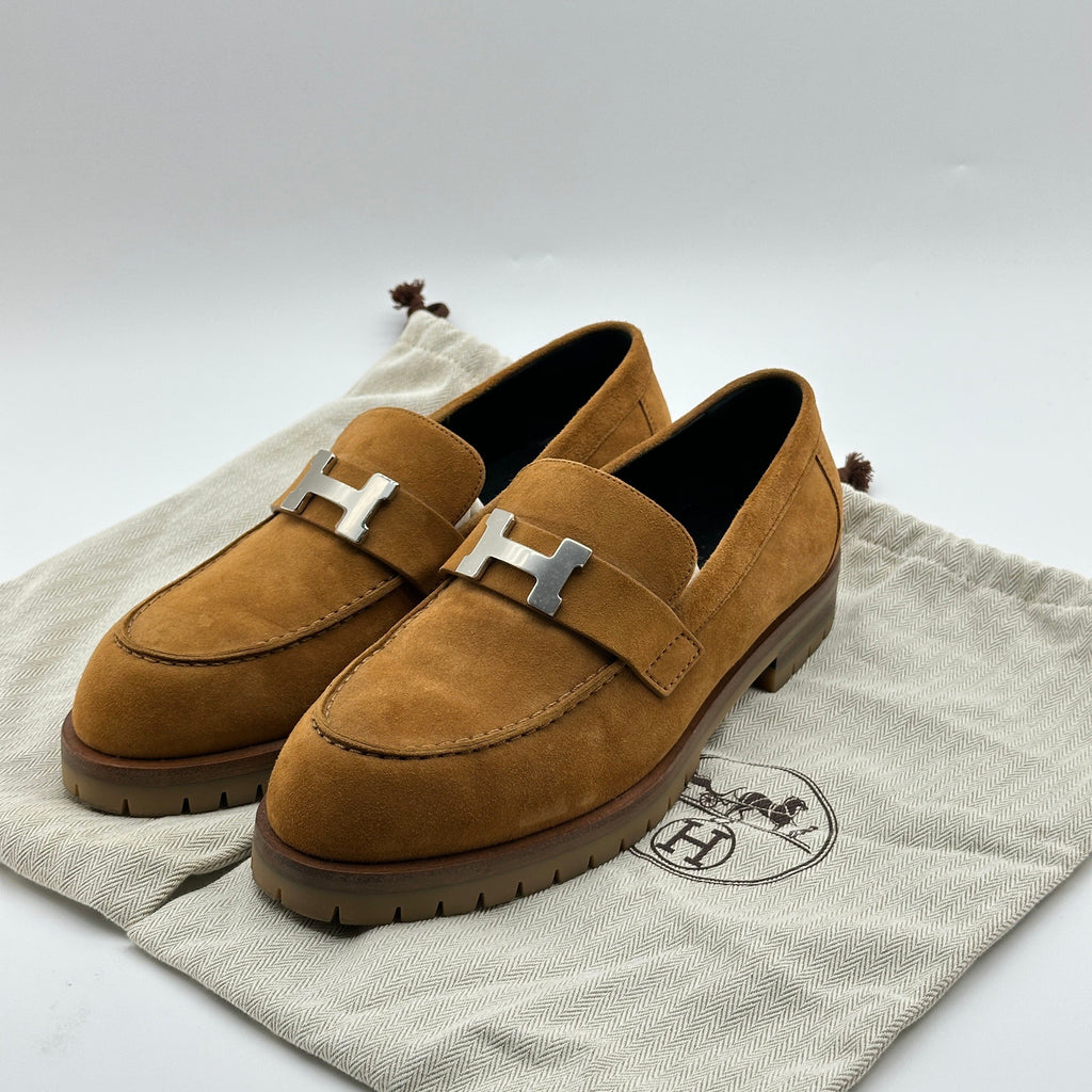 Hermès Suede Goatskin Faubourg Brown Loafers