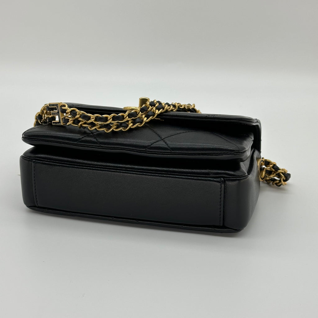 Chanel 24S Lambskin Double Chain Square Flap Bag Enamel Coco Logo Black Gold Hardware RFID