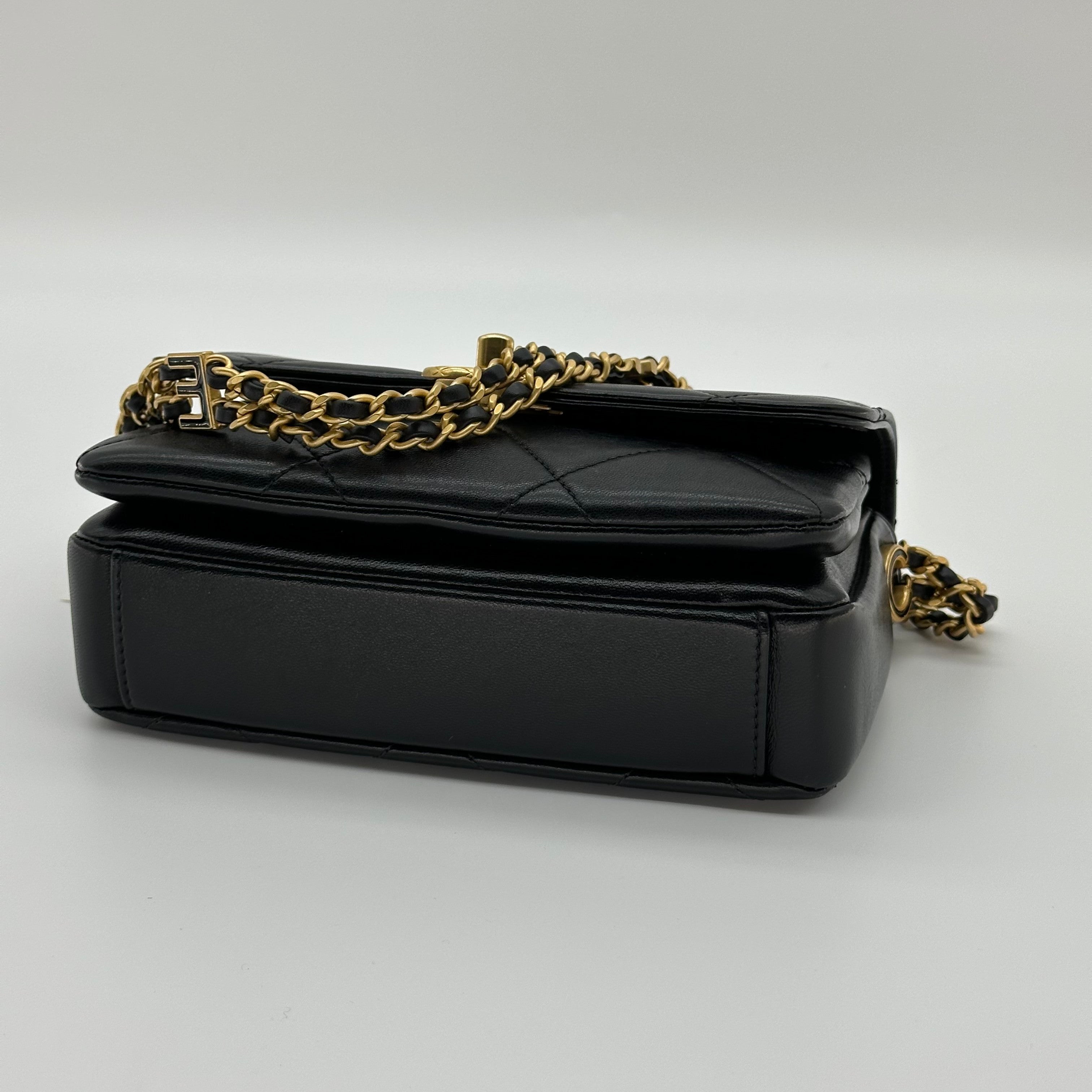 Chanel 24S Lambskin Double Chain Square Flap Bag Enamel Coco Logo Black Gold Hardware RFID