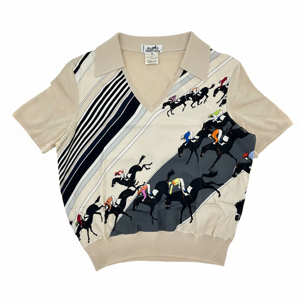 Hermes Vintage Horse Racing Motif Knit Polo Top Shirt Size 40 100%Silk 100%Cotton