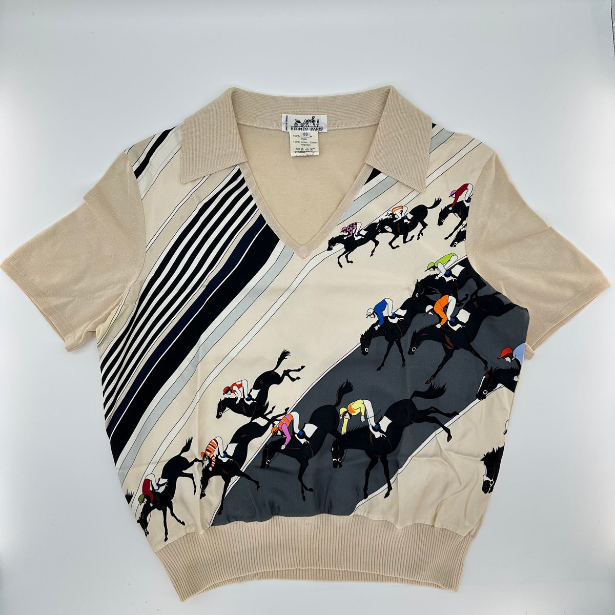 Hermes Vintage Horse Racing Motif Knit Polo Top Shirt Size 40 100%Silk 100%Cotton
