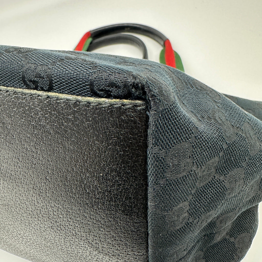 Gucci GG Canvas Leather Web Stripe Black Tote Bag