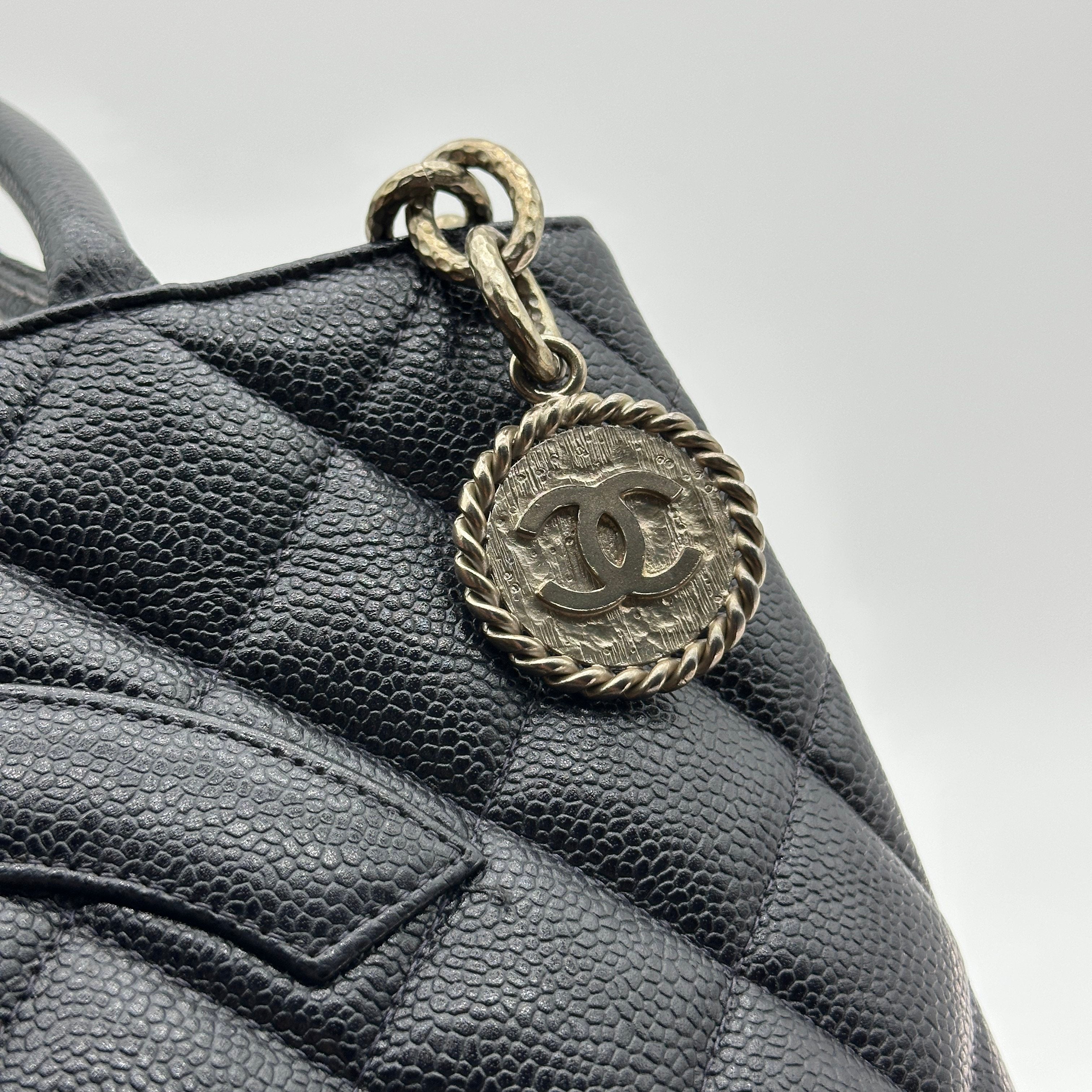 chanel black quilted caviar leather medallion tote bag