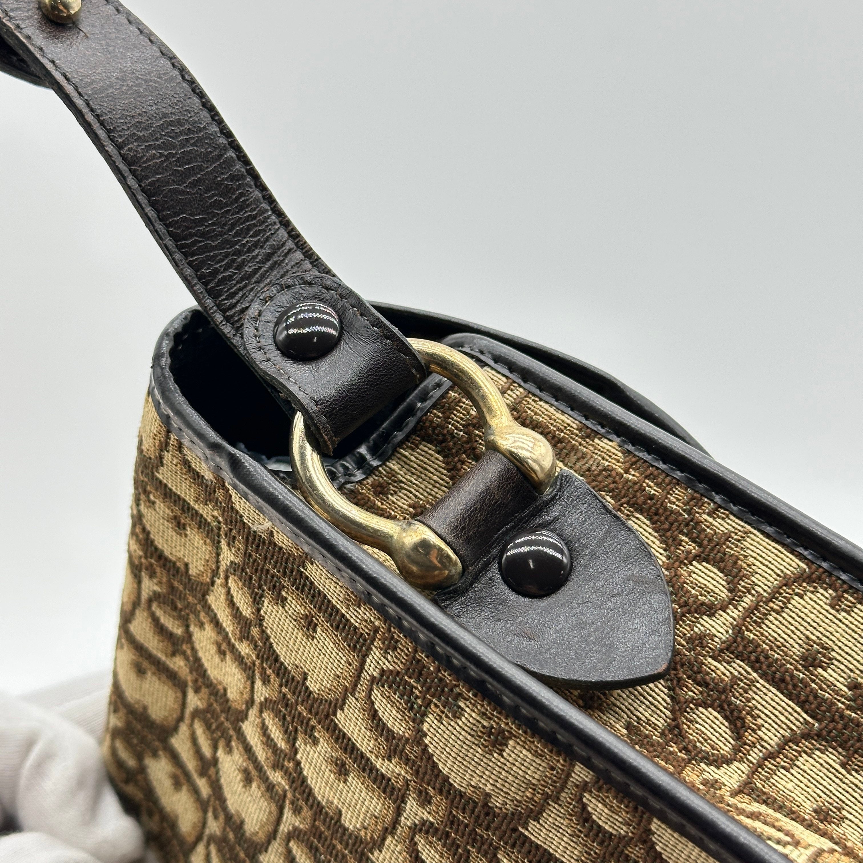 pre-owned christian dior trotter canvas shoulder bag beige gold