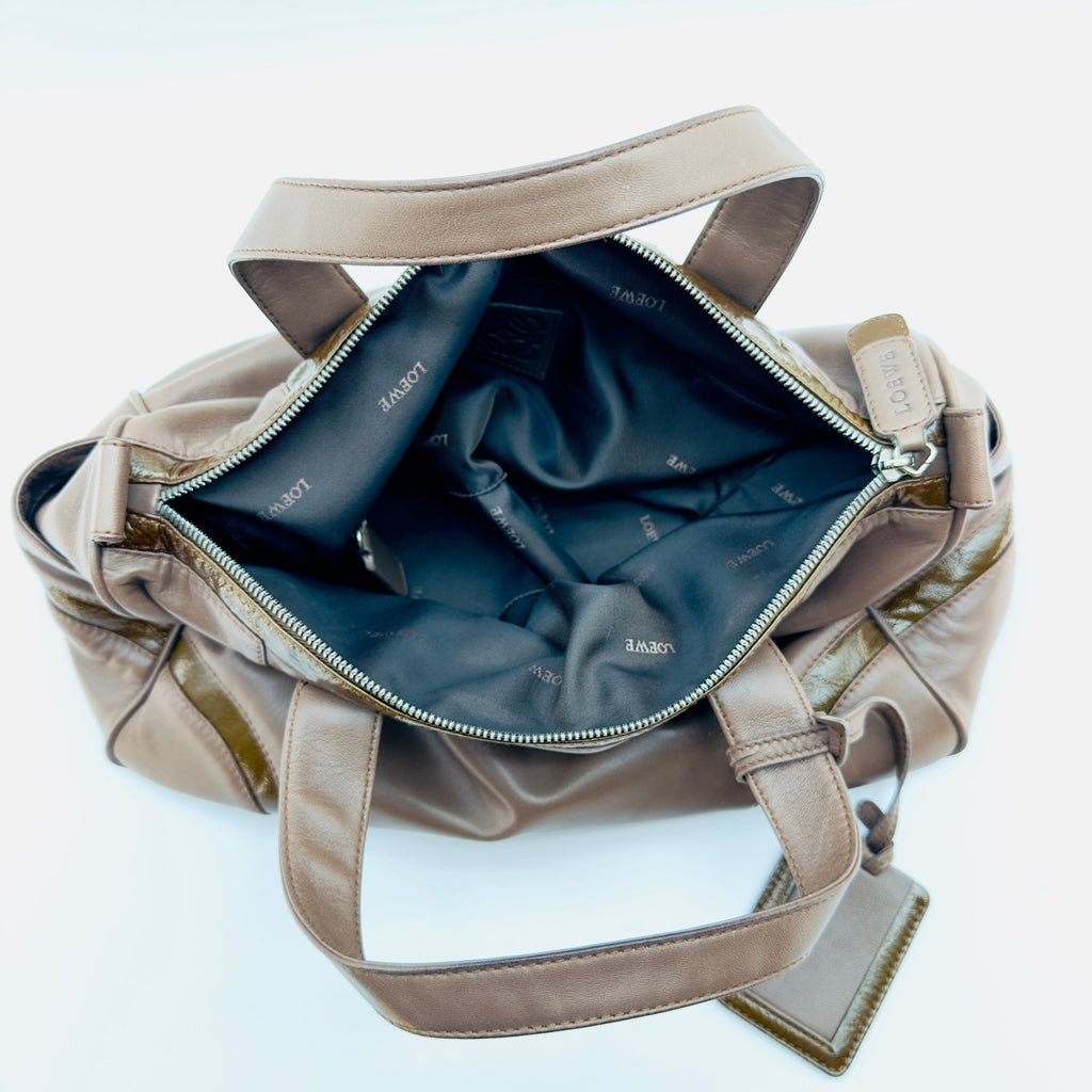 Loewe Nylon and Leather Anagram Small Beige Boston Bag