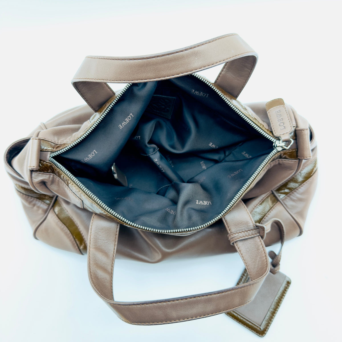 Loewe Nylon and Leather Anagram Small Beige Boston Bag