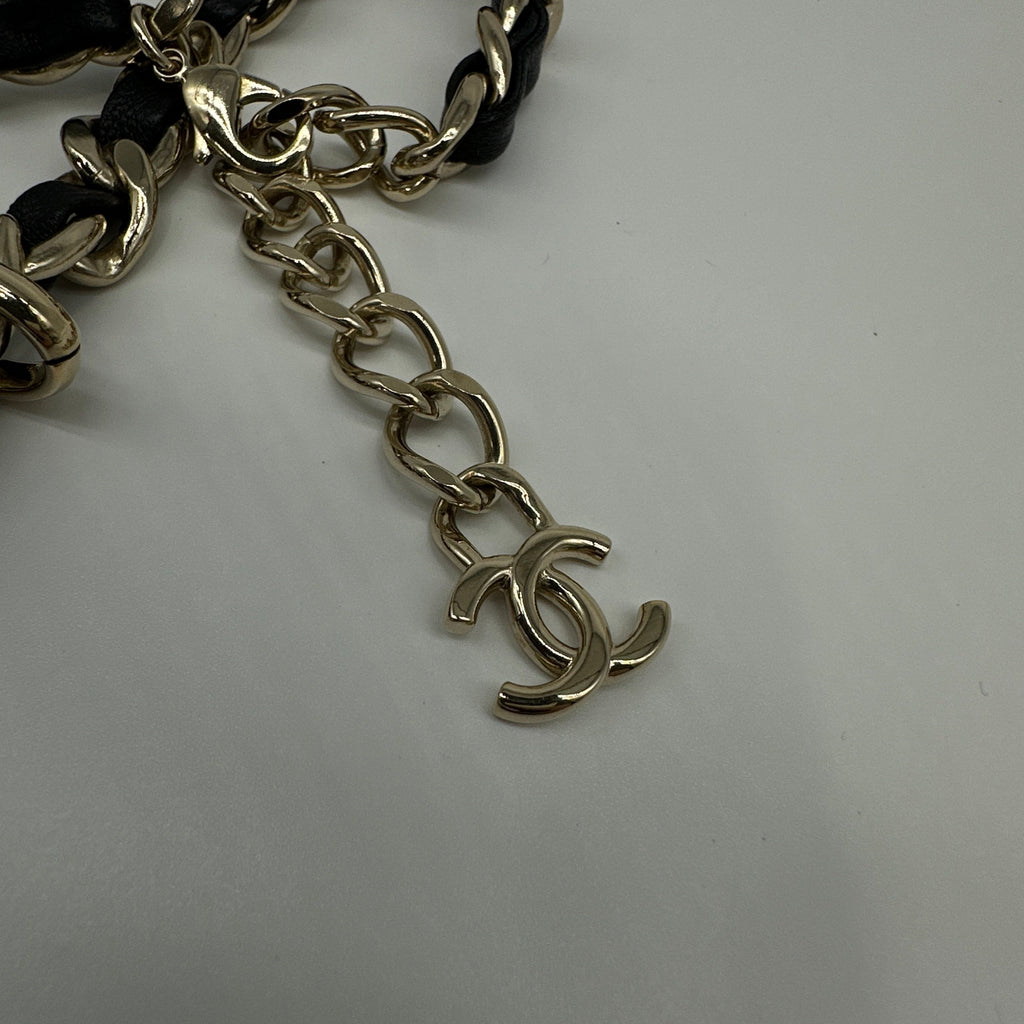 Chanel Gold-Tone Black Leather Woven Chain CC Pendant Necklace