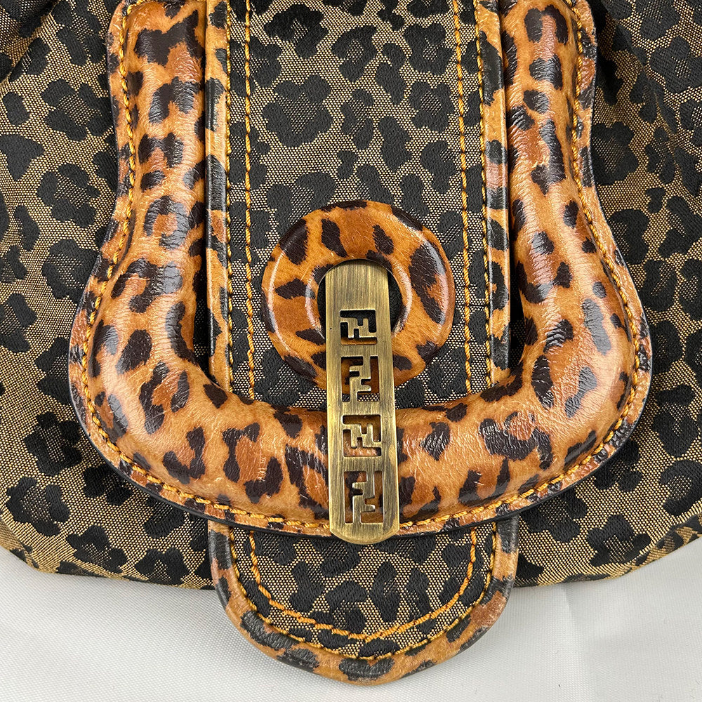Fendi Leopard Print Canvas Shoulder Bag with Leather Chain Strap