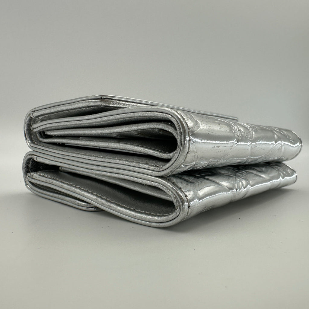 Chanel Icon Line Embossed Leather Metallic Silver Trifold Wallet