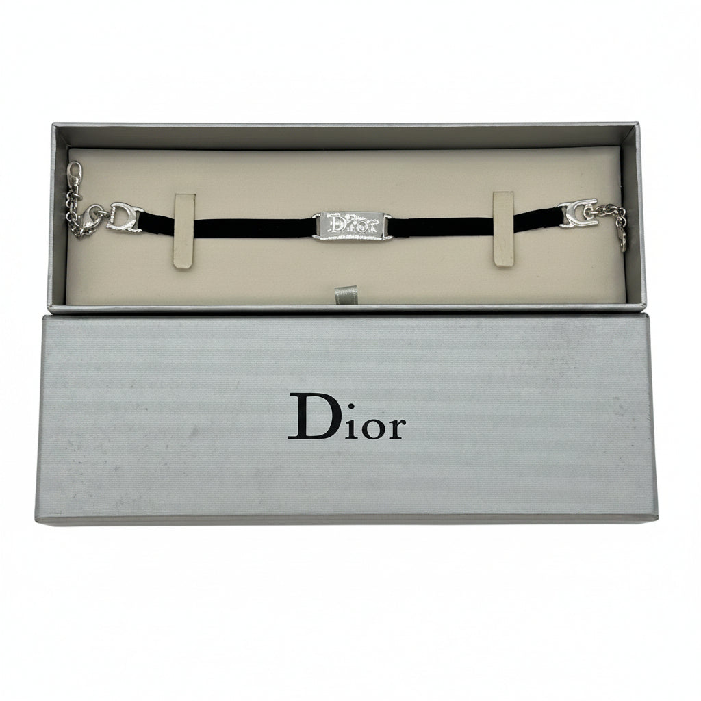 Christian Dior Logo Metal Tag Bracelet Black Silver