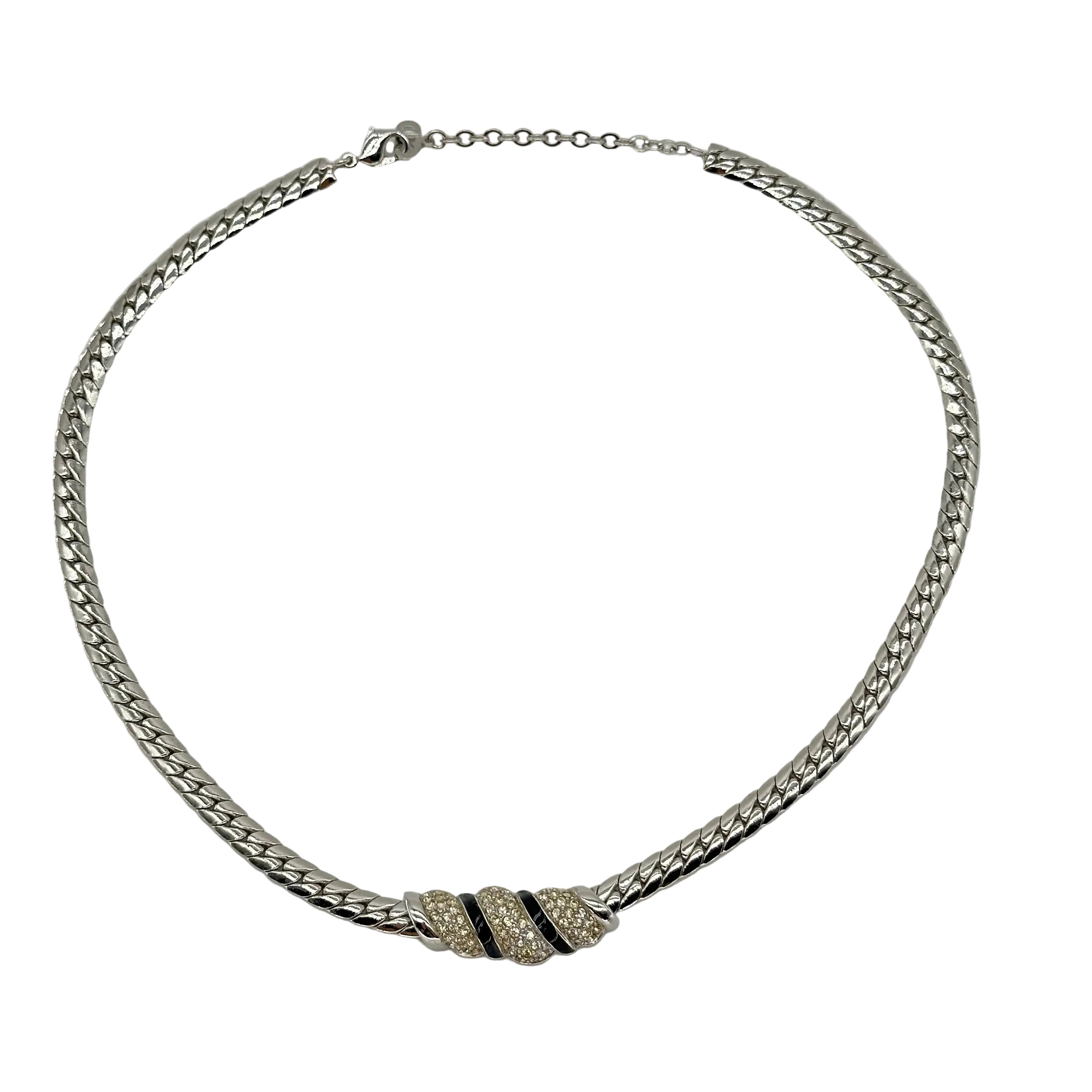 Christian Dior Vintage CD Pave Crystal Black Enamel Statement Necklace