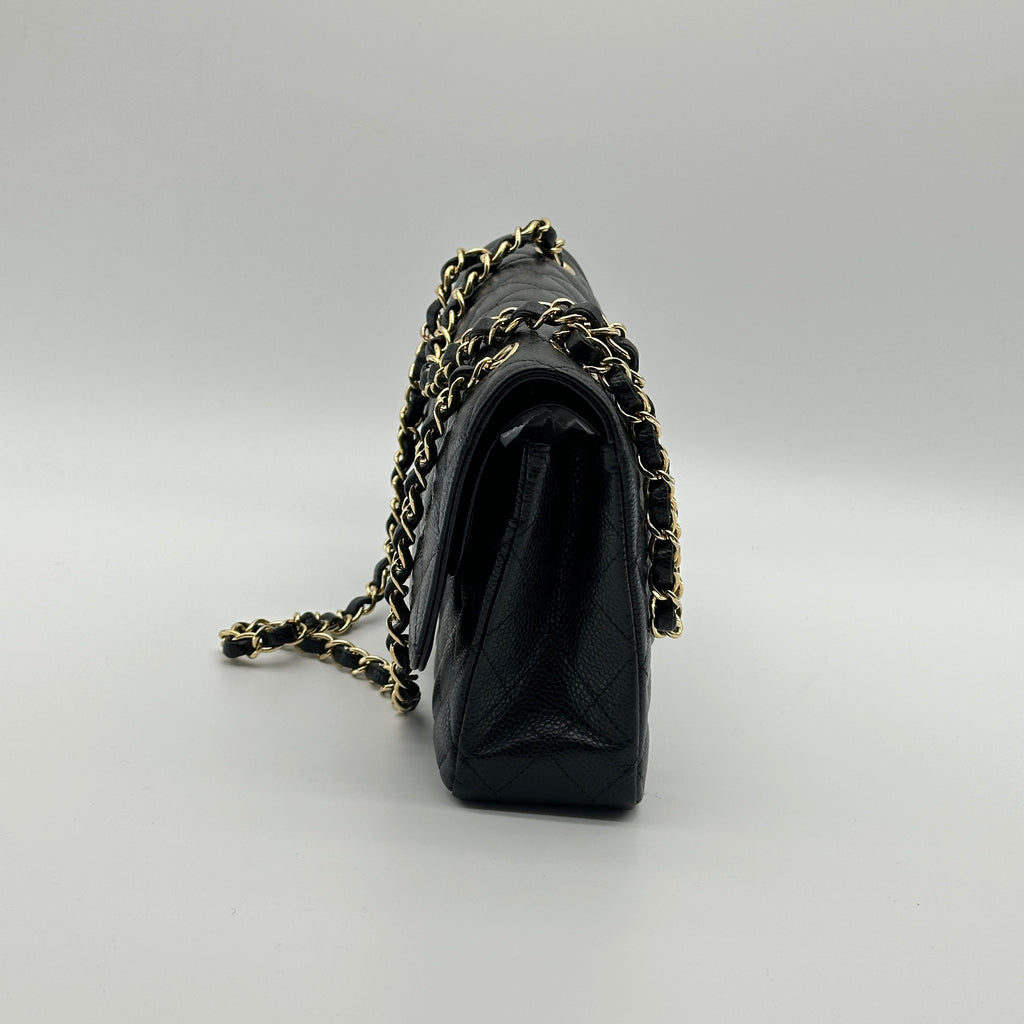 Chanel Matelasse 25 Caviar Skin Double Flap Double Chain Bag Black Gold Metal Fittings 26052533 26XXXXXX A01112