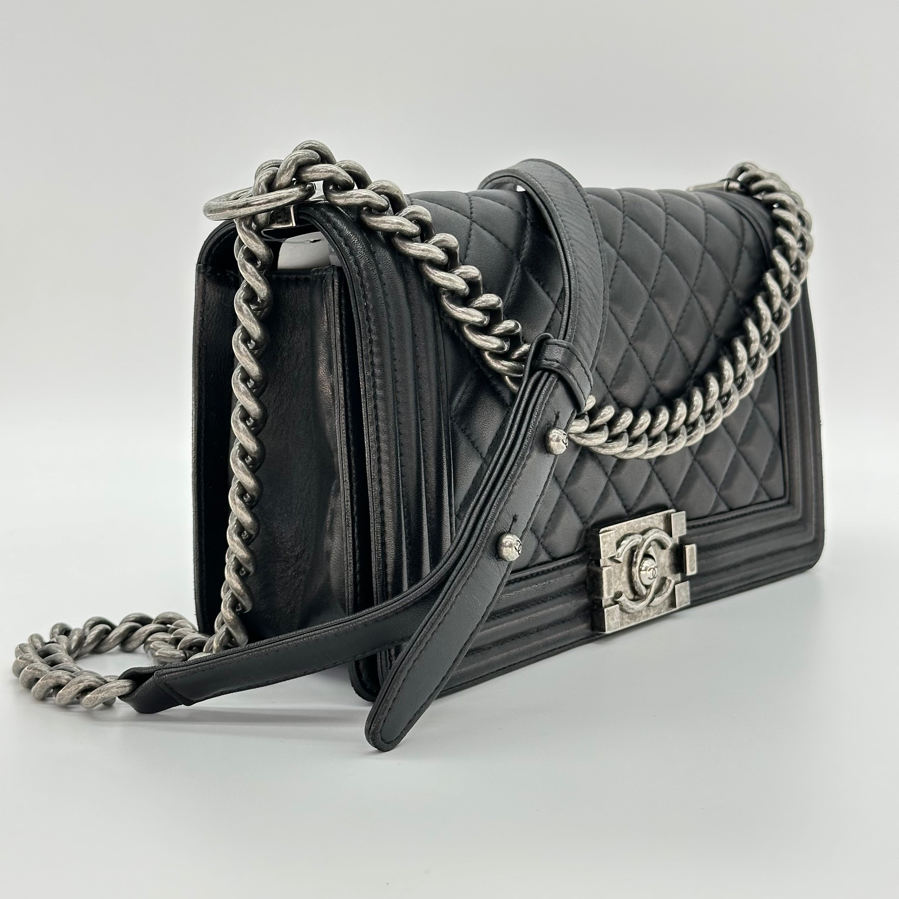 Chanel Boy Chanel 25 Lambskin Chain Shoulder Bag Black Silver 21 Series