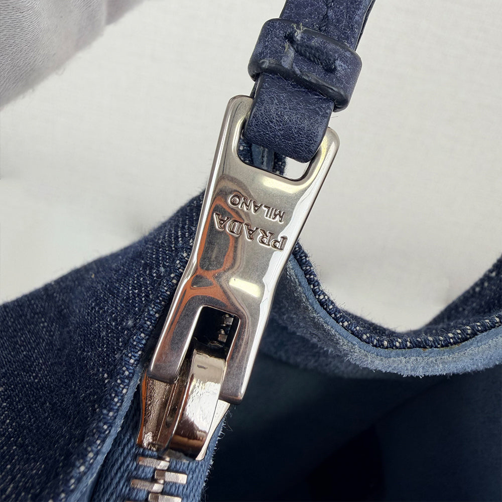 Prada Etiquette Denim Tote Bag Calfskin Leather Strap 2Way Shoulder Bag