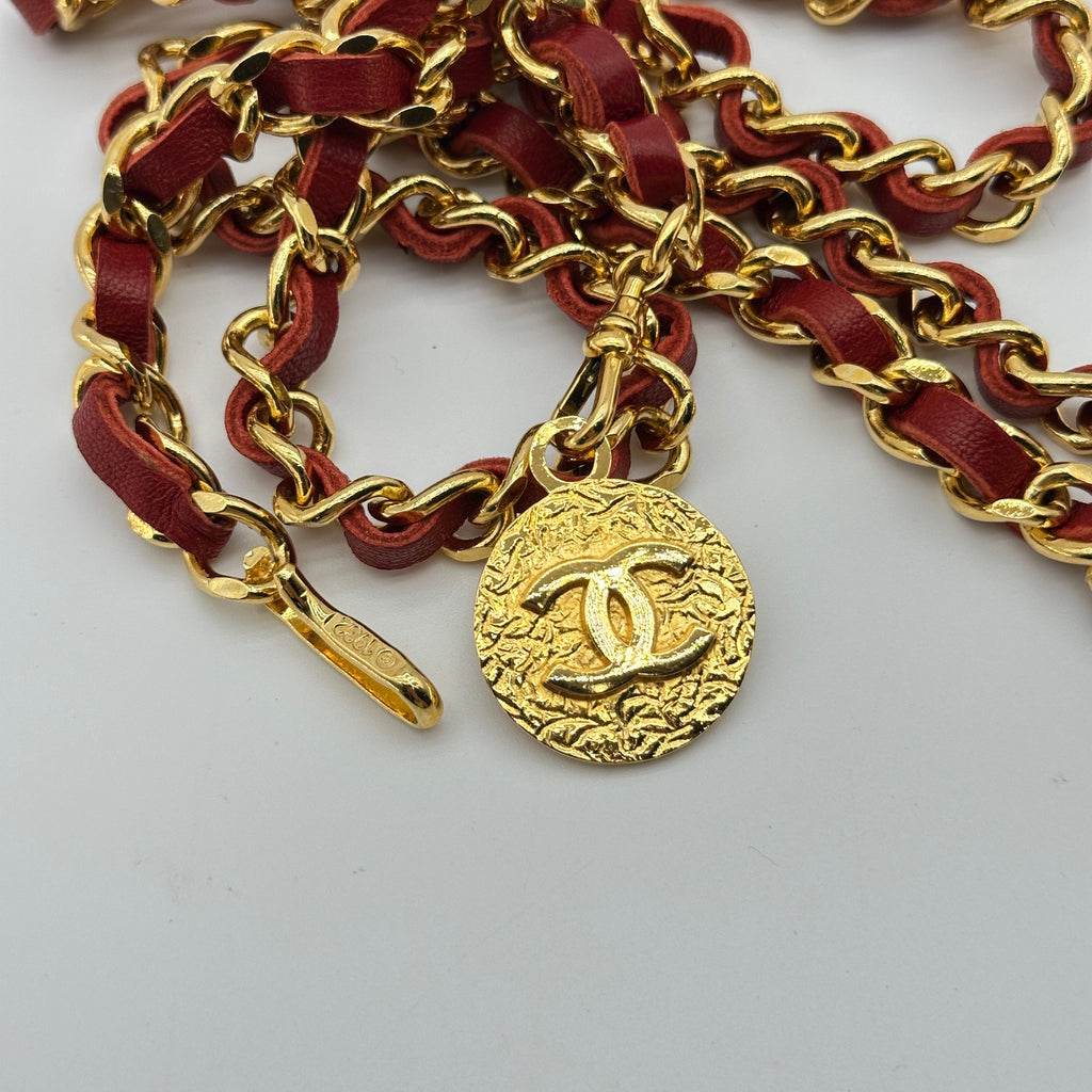 Chanel Gold Leather Chain Coco Mark Red Belt
