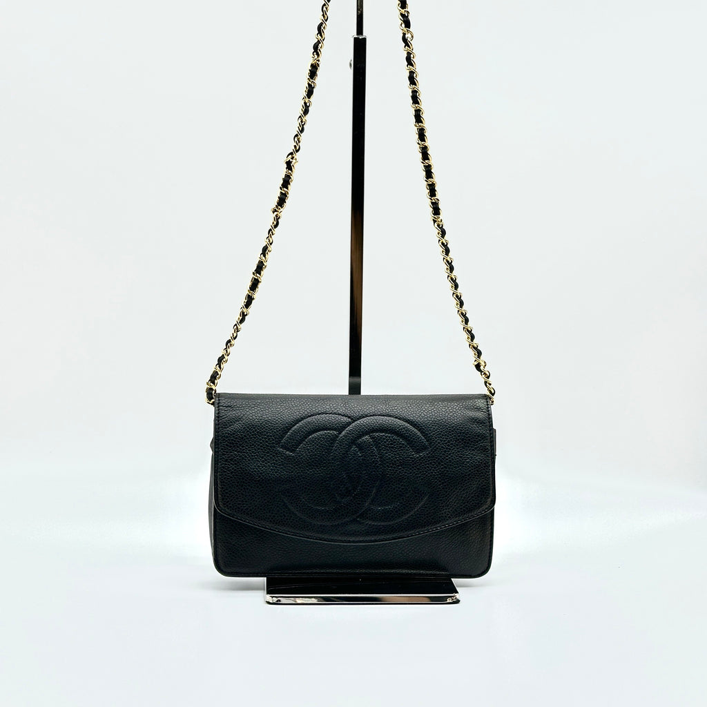 Chanel Coco Mark Caviar Leather Black Chain Wallet