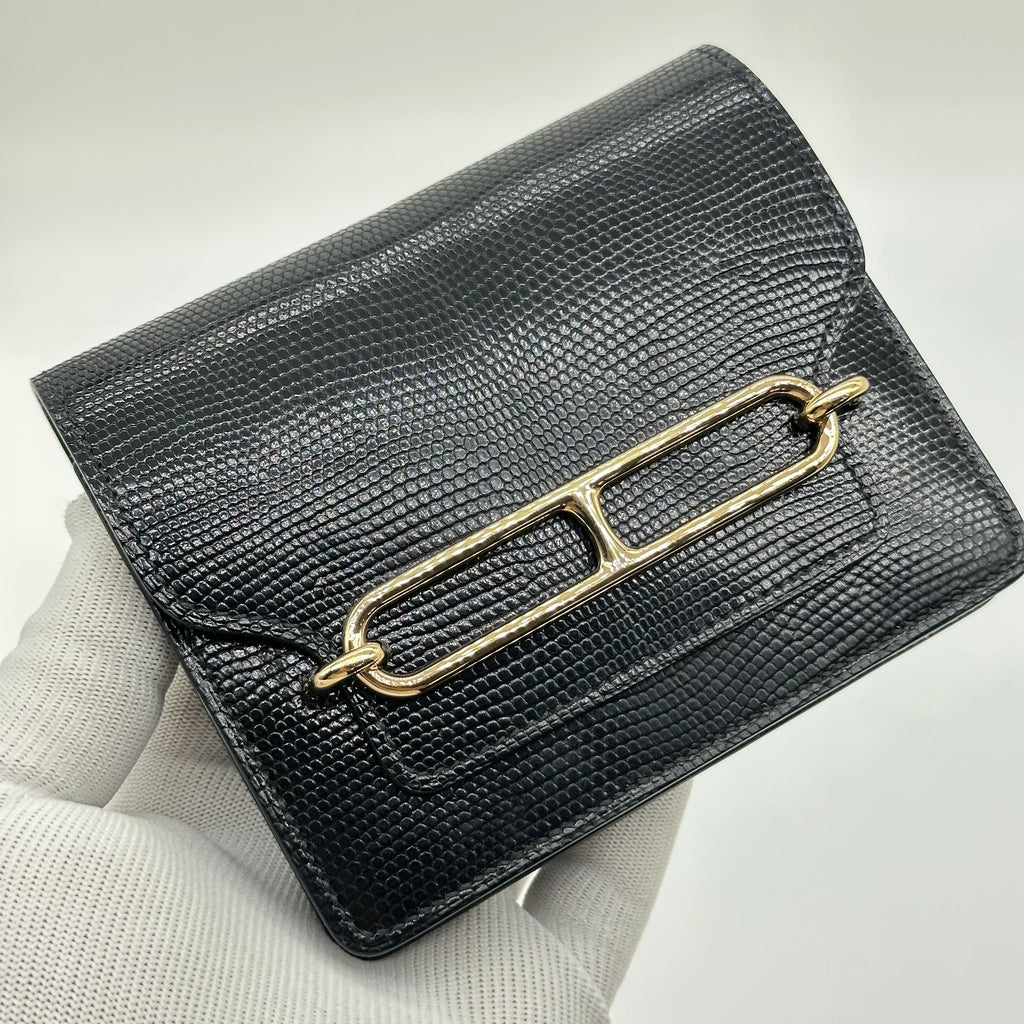 Hermès Roulis Slim Wallet Black Lizard Leather Gold Hardware Stamp D with Precious Leather Certificate No Coin Pocket