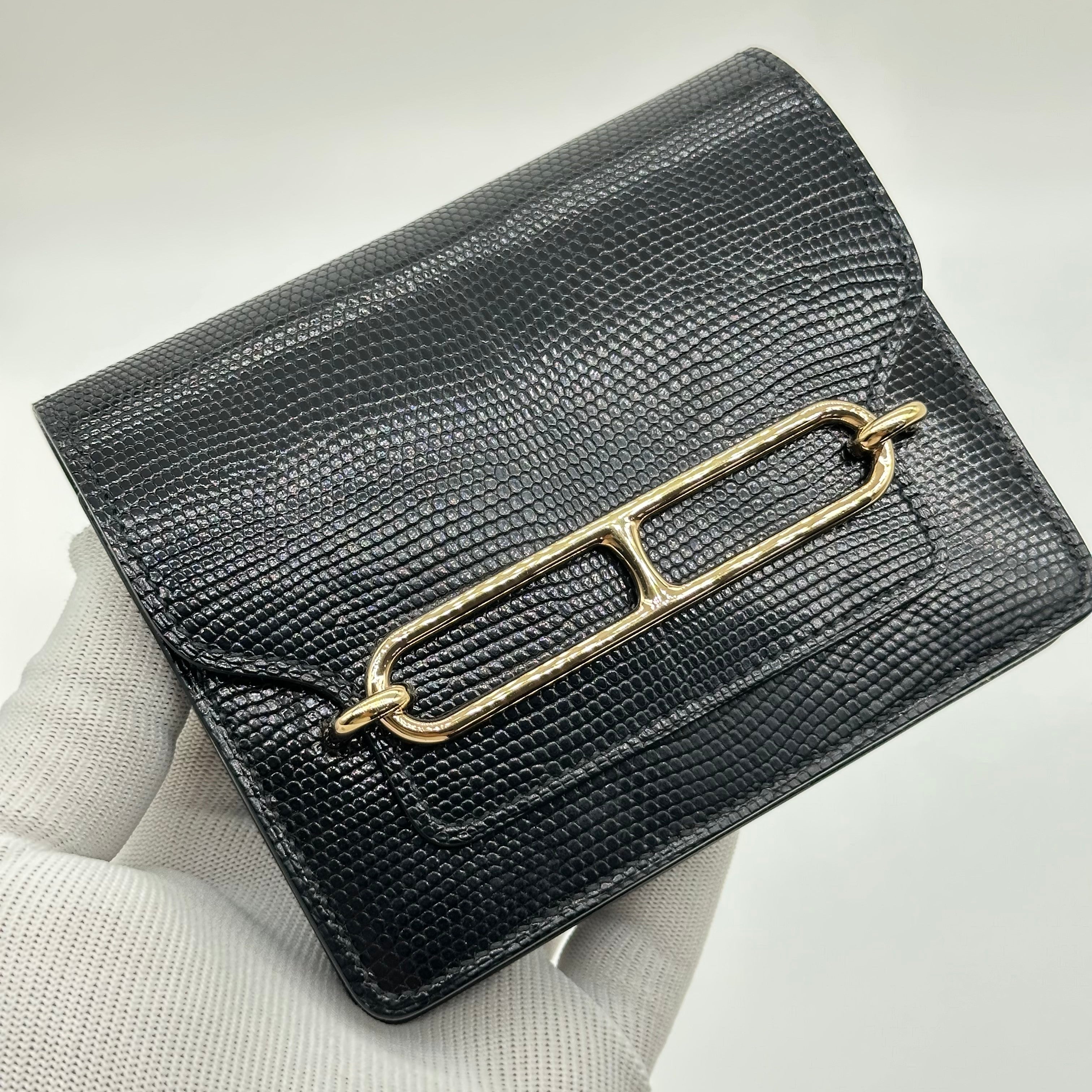 Hermès Roulis Slim Wallet Black Lizard Leather Gold Hardware Stamp D with Precious Leather Certificate No Coin Pocket