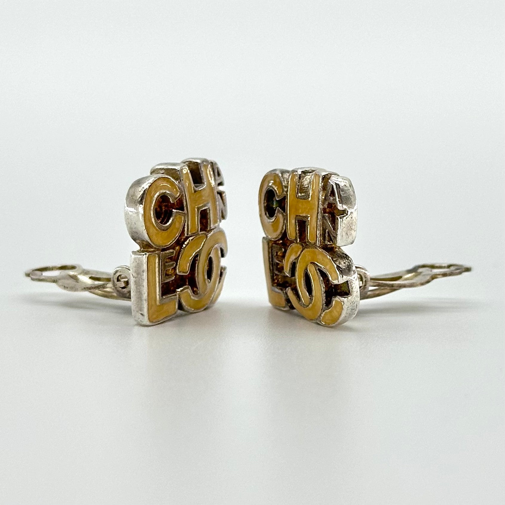 Chanel Earrings 00T Coco Mark Square Alphabet Logo, Silver & Beige
