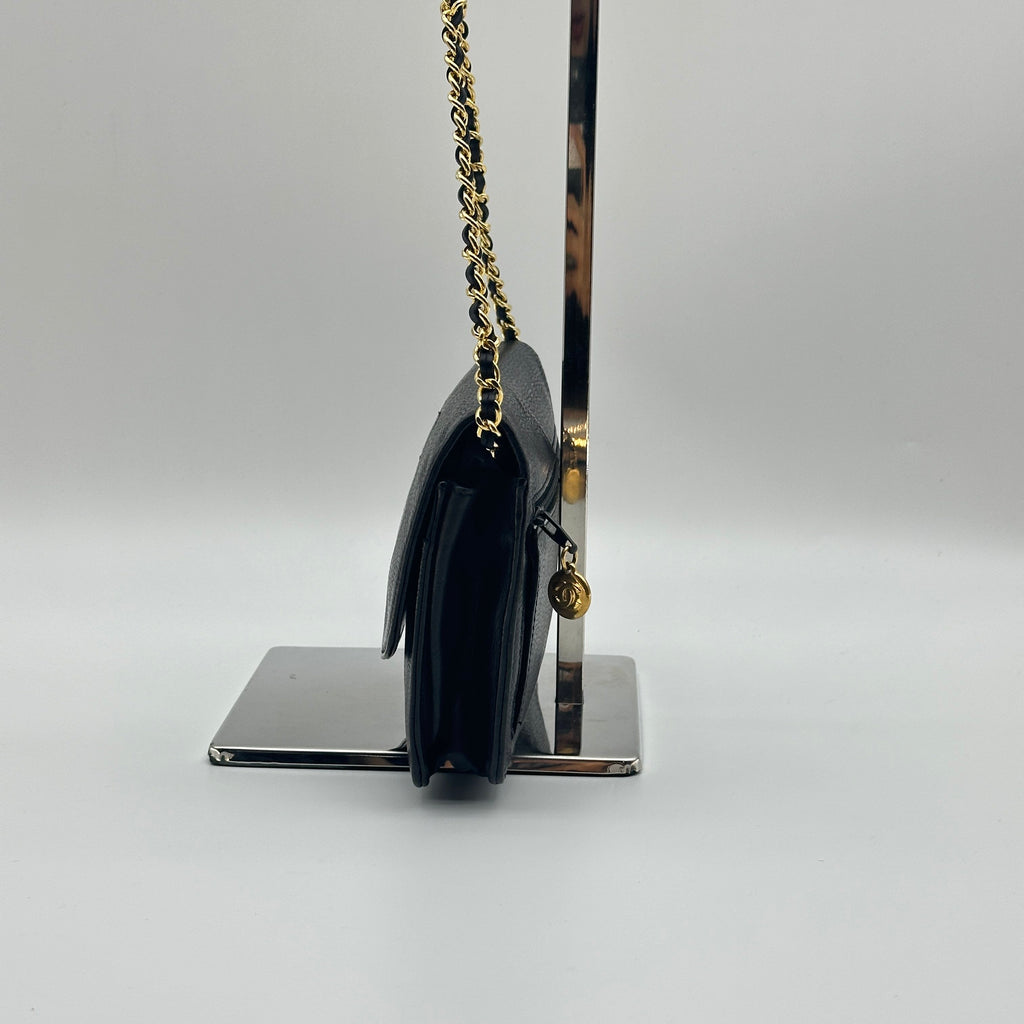 Chanel Coco Mark Caviar Leather Black Chain Wallet