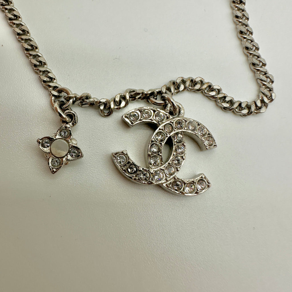Chanel Metal Rhinestone and Faux Pearl CC Logo C22P One Size Silver Charm Bracelet