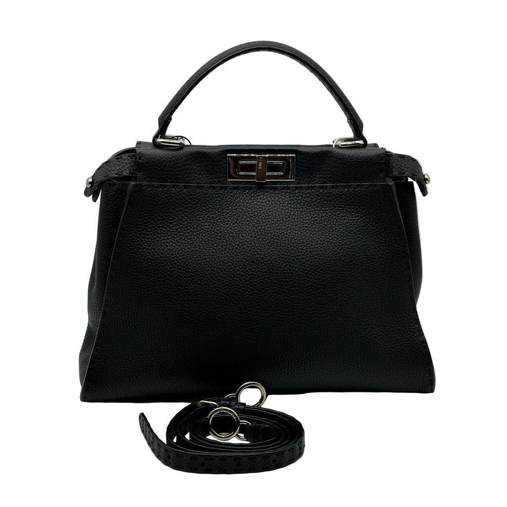 Fendi Peekaboo Regular Size Selleria Calfskin Leather 2WAY Handbag Shoulder Bag Black