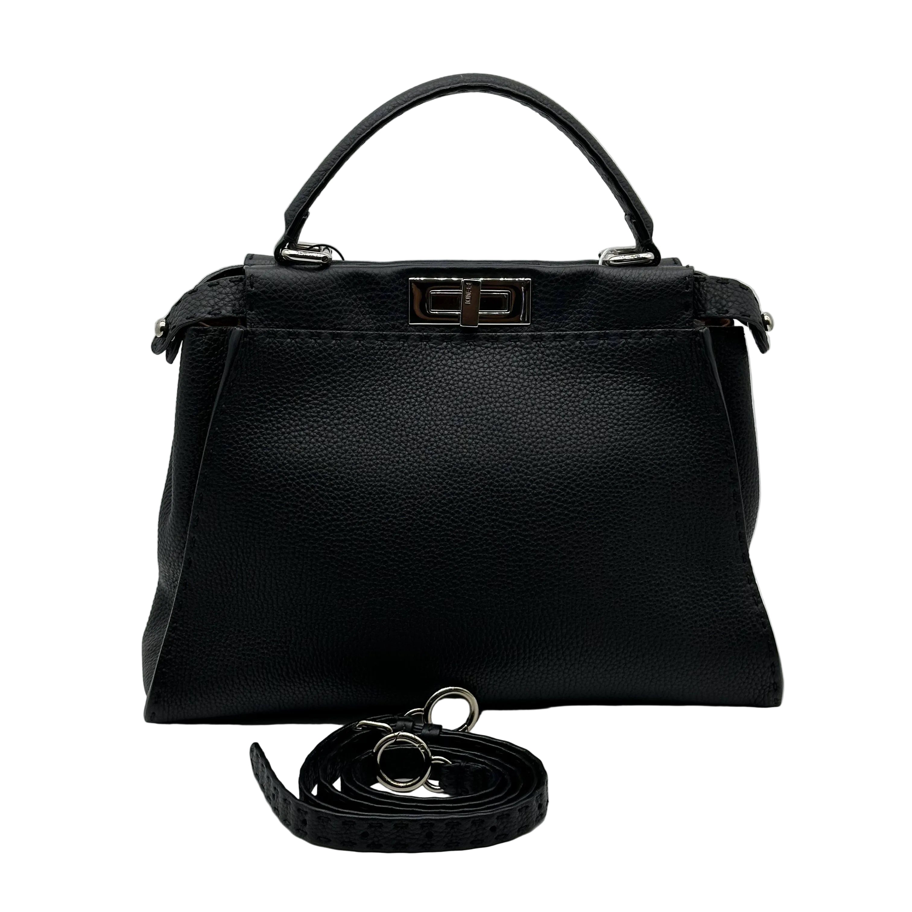 Fendi Peekaboo Regular Size Selleria Calfskin Leather 2WAY Handbag Shoulder Bag Black
