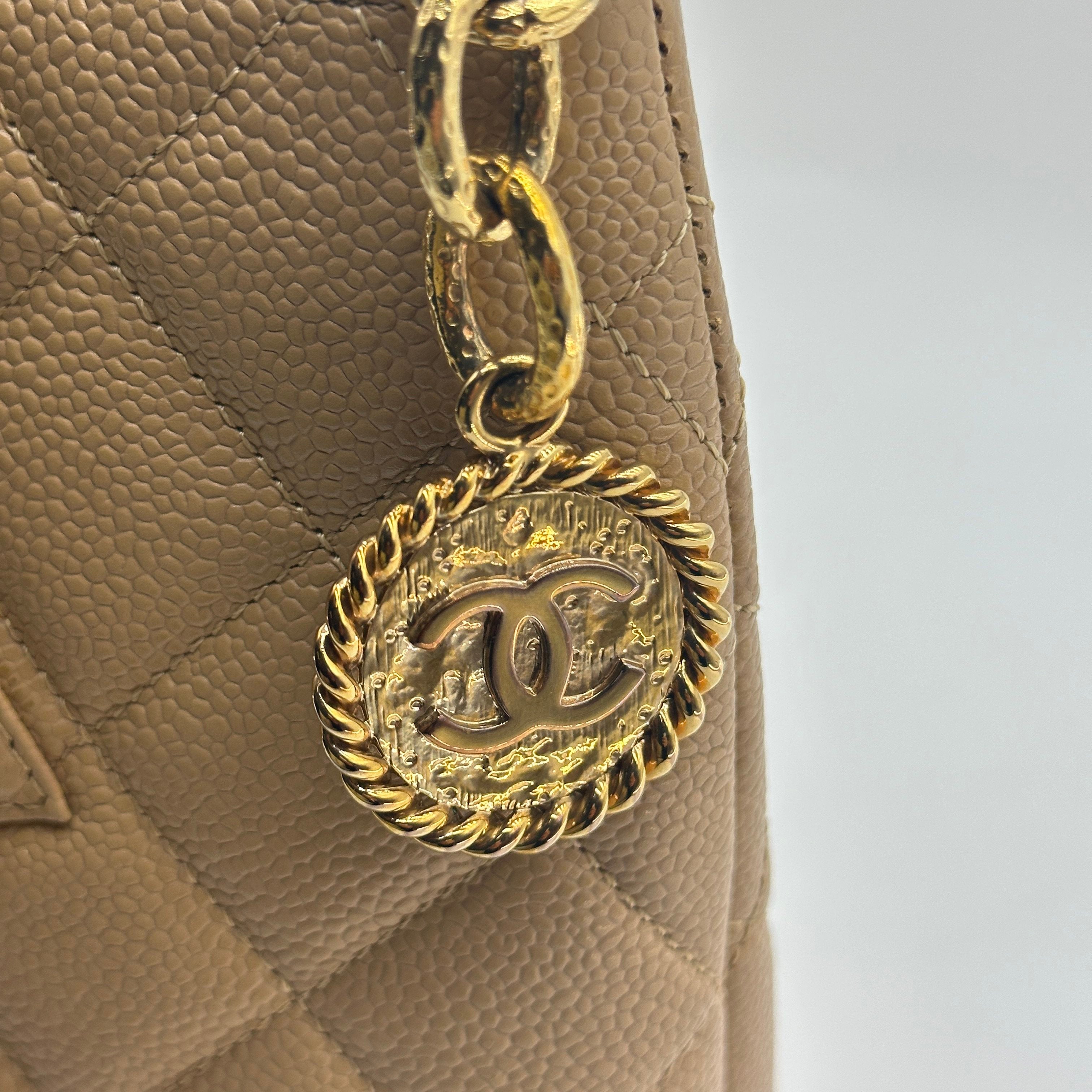 chanel beige quilted caviar leather medallion tote bag