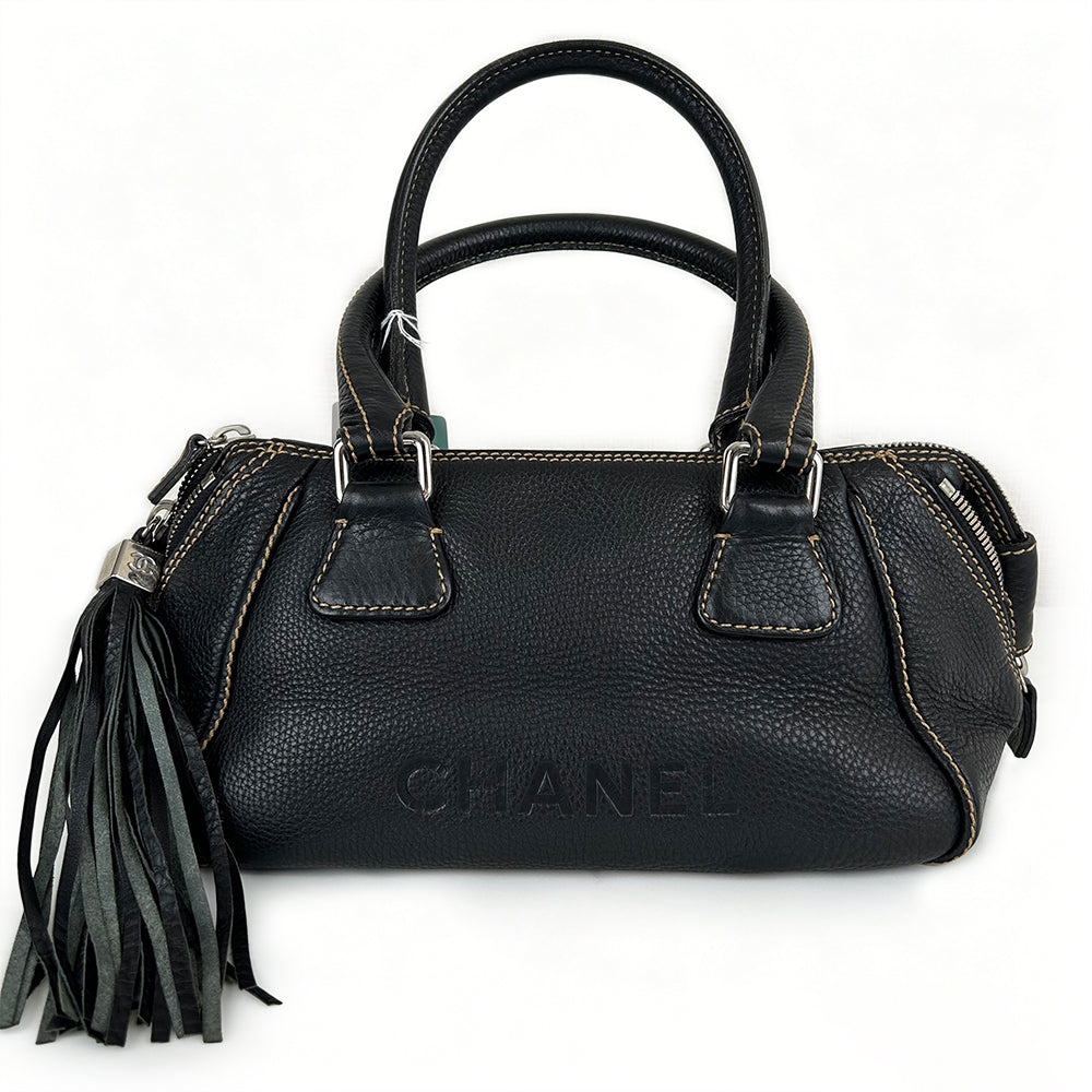 CHANEL Fringe Charm Handbag Mini Boston Bag Logo Embossed Coco Mark Engraved Silver Hardware Leather