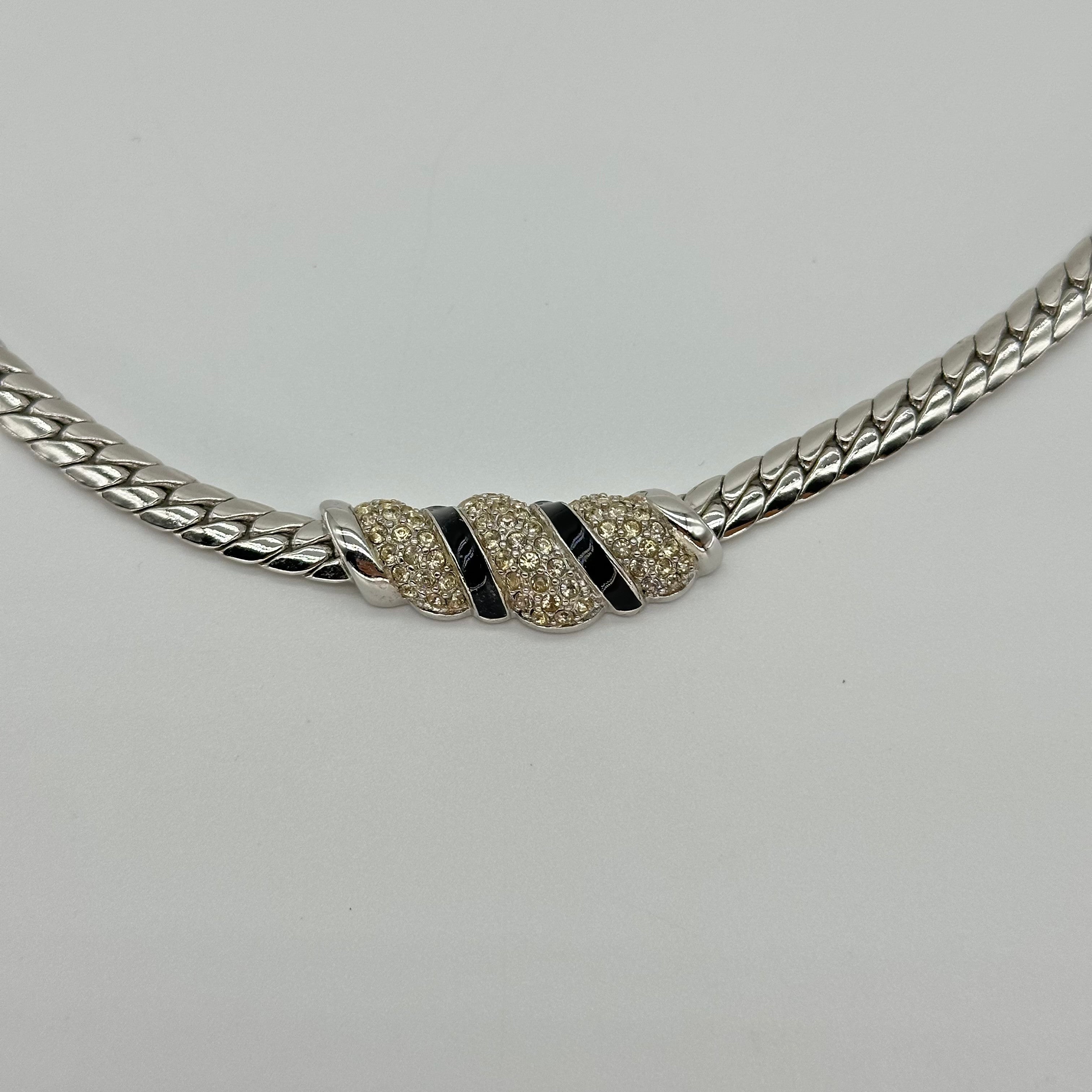 Christian Dior Vintage CD Pave Crystal Black Enamel Statement Necklace