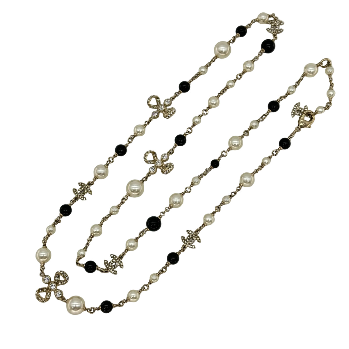Chanel Black and White Pearl Necklace Sweater Chain