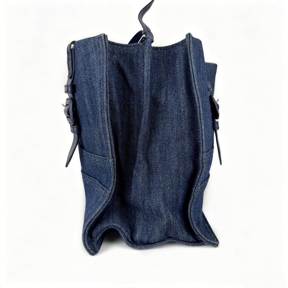 Prada Etiquette Denim Tote Bag Calfskin Leather Strap 2Way Shoulder Bag