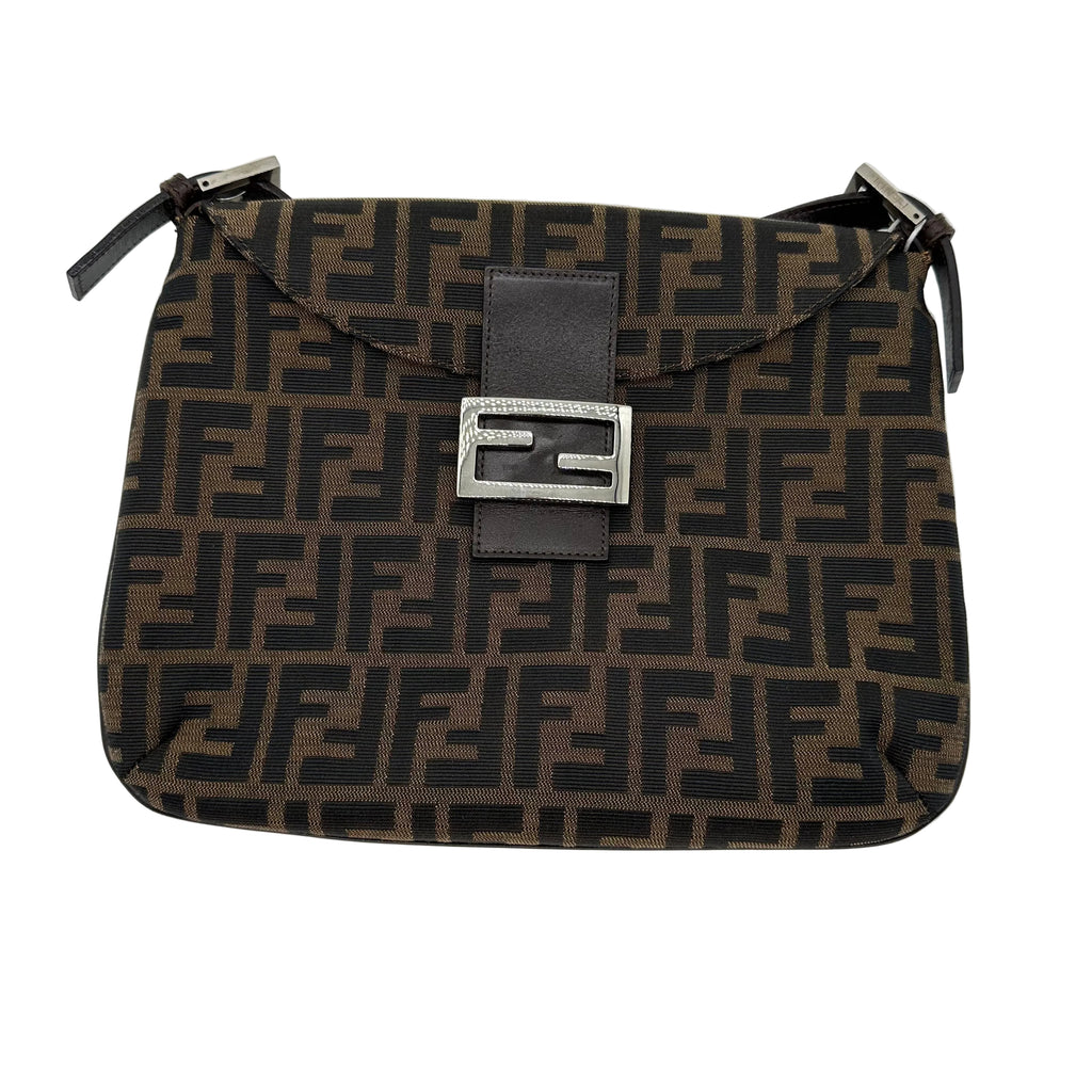 Fendi FF Logo Zucca Shoulder Crossbody Bag Brown Canvas Leather Vintage