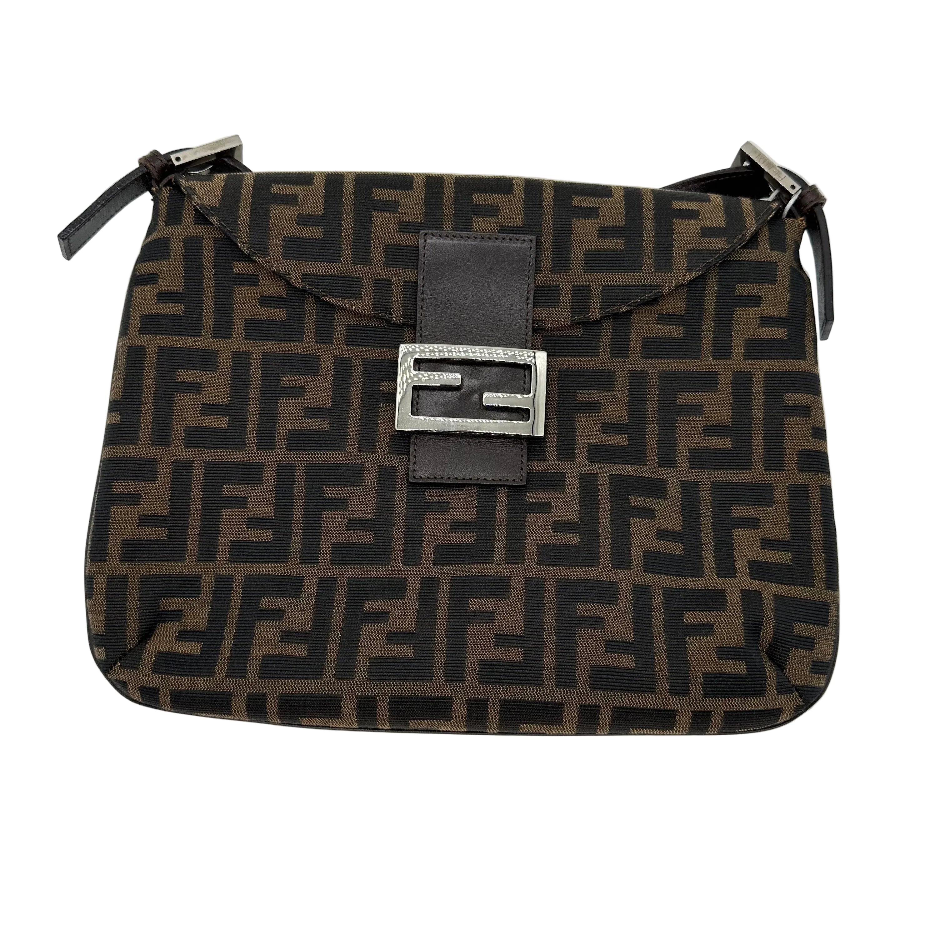 Fendi FF Logo Zucca Shoulder Crossbody Bag Brown Canvas Leather Vintage