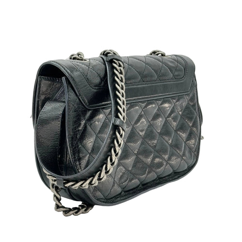Chanel Double Chained Saddle Goatskin Leather Messenger Bag Black 21 Series