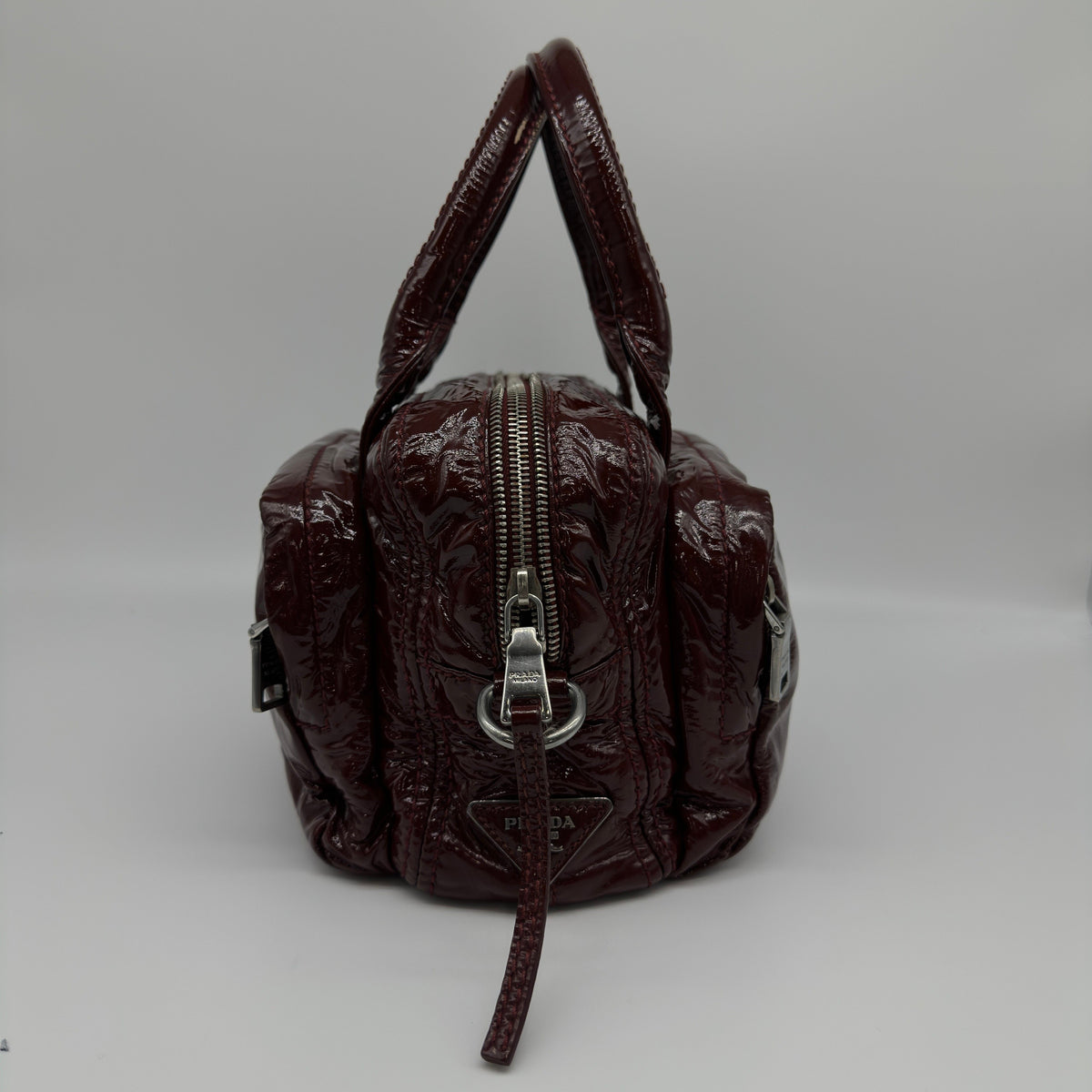 Prada Patent Leather Mini Burgundy Boston Bag