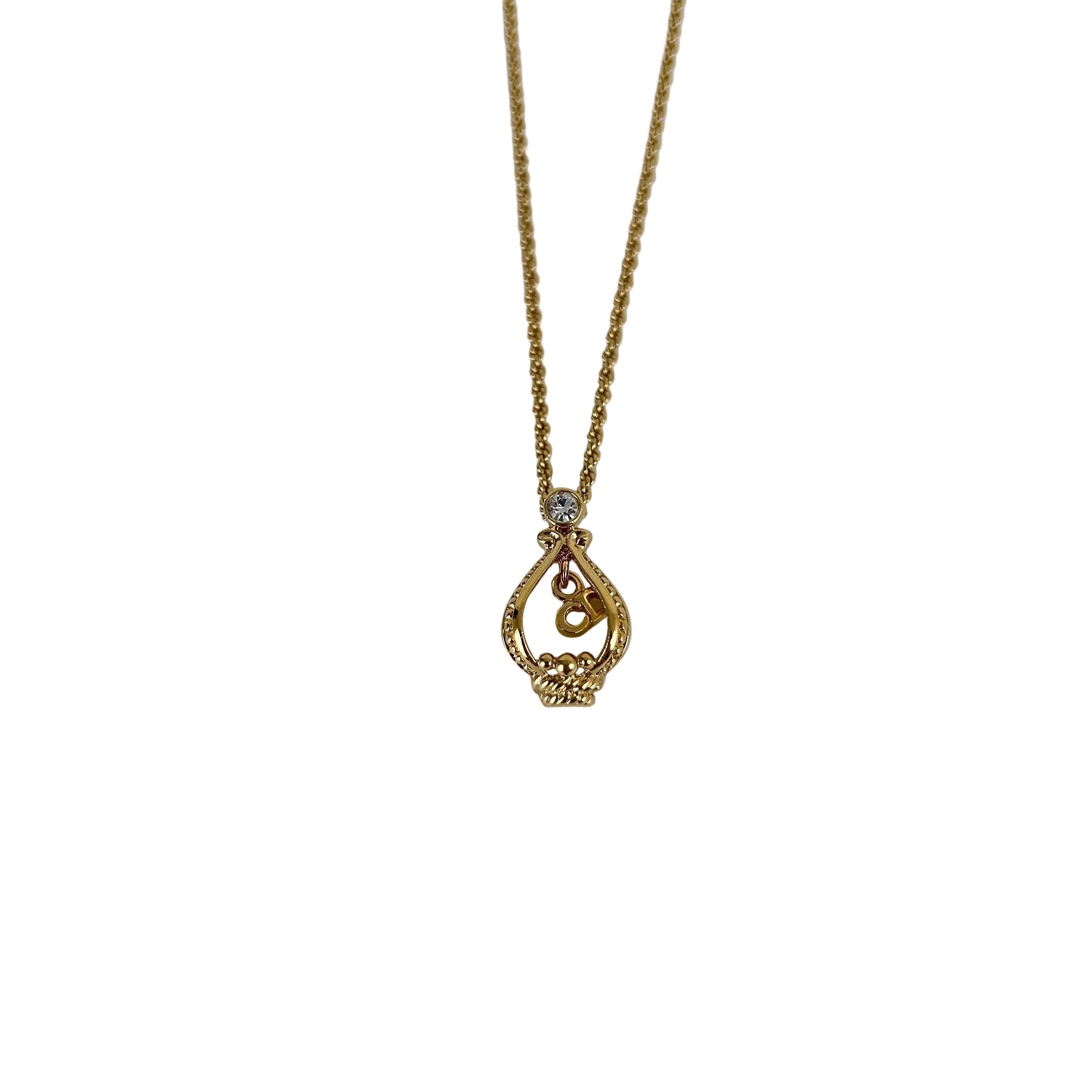 Christian Dior CD Logo Drop Motif Necklace Gold Tone GP Plated Rhinestone