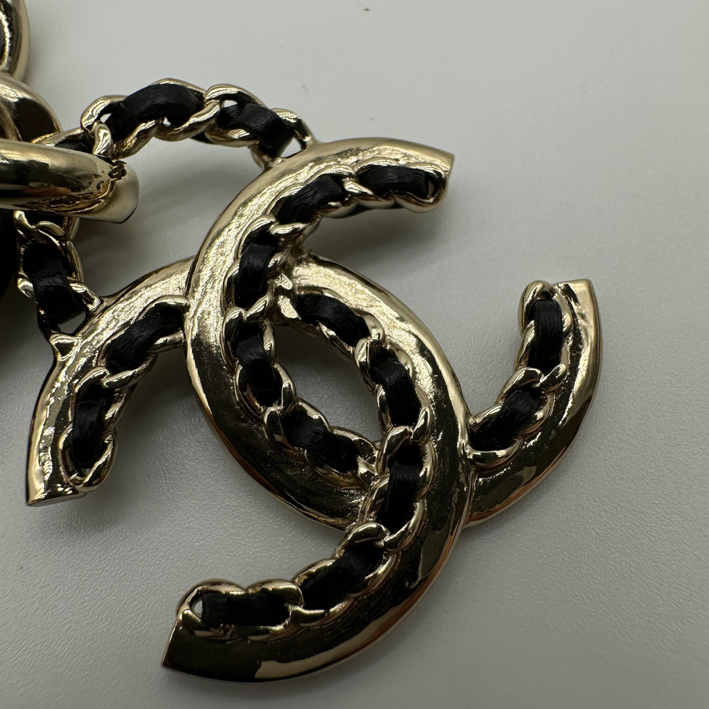 Chanel Gold-Tone Black Leather Woven Chain CC Pendant Necklace