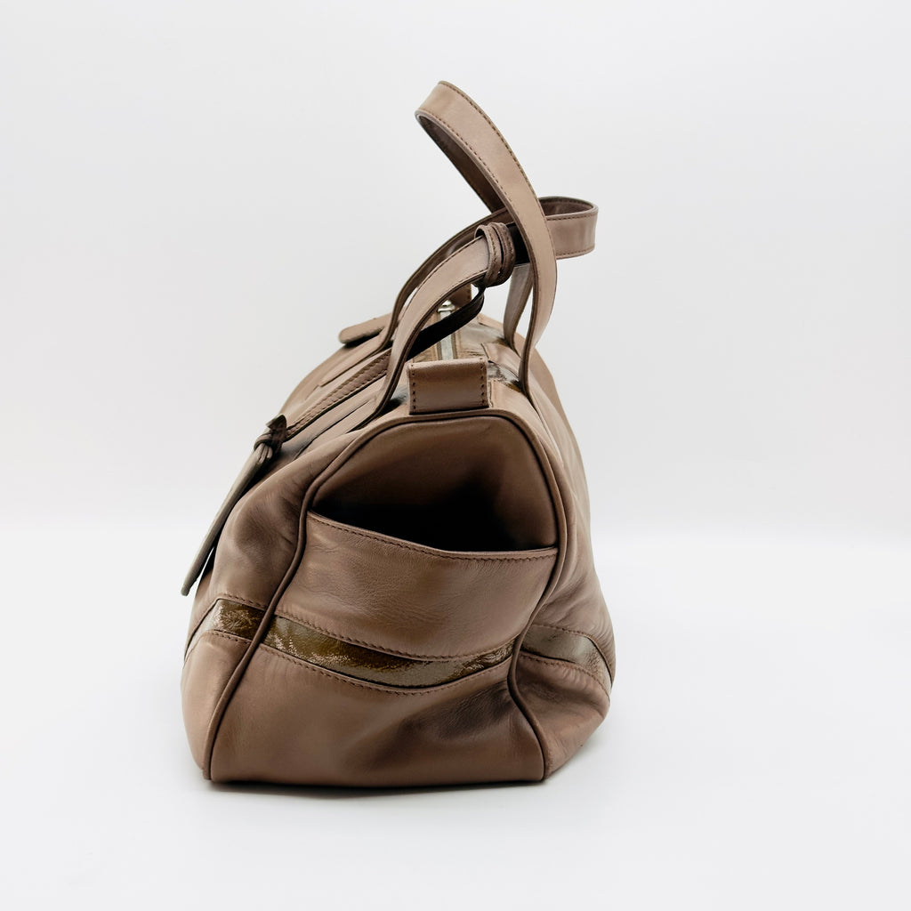 Loewe Nylon and Leather Anagram Small Beige Boston Bag