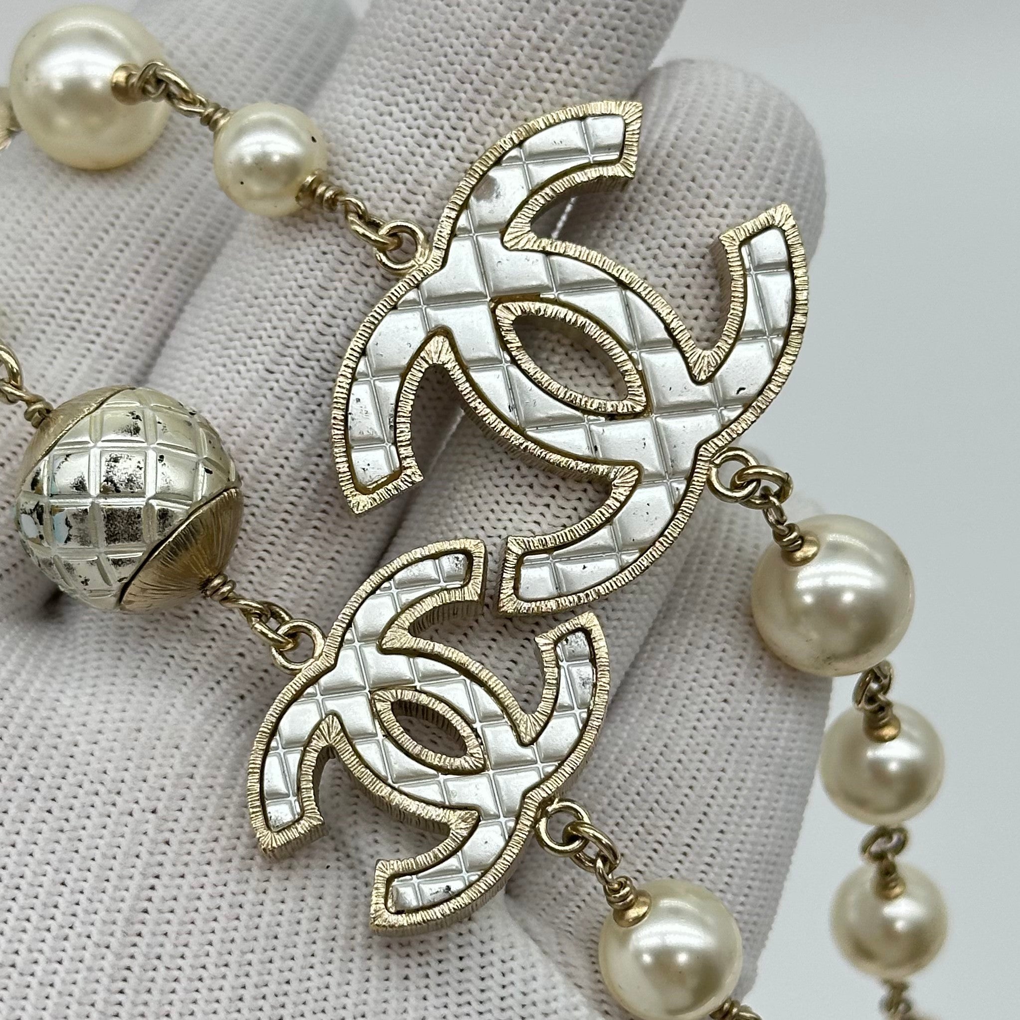 Chanel Double C Pearl Sweater Chain Necklace