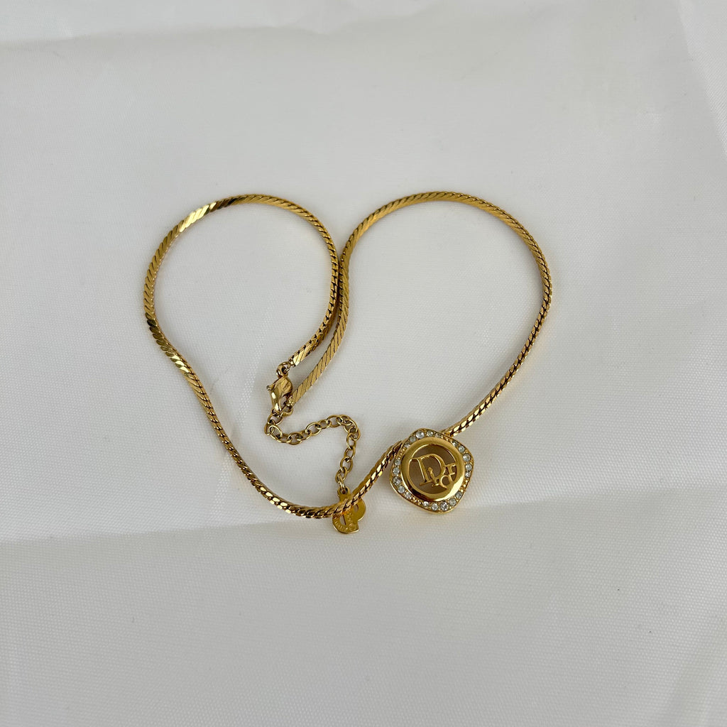 Christian Dior Square Round Rhinestone Dior Logo Necklace Gold Tone