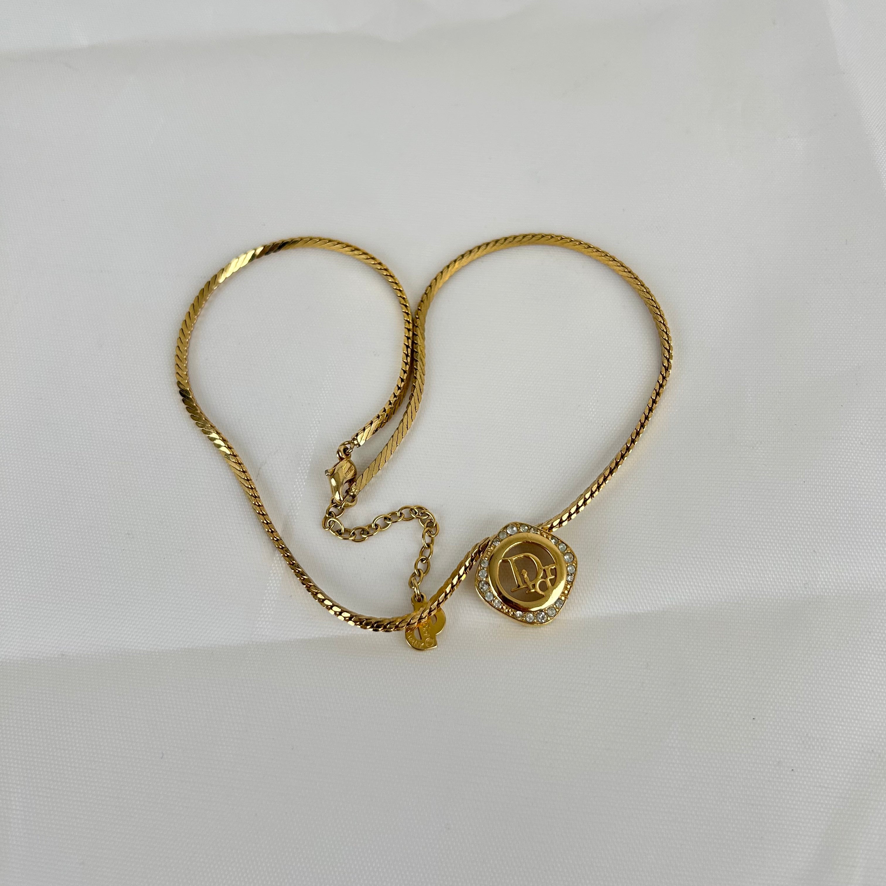 Christian Dior Square Round Rhinestone Dior Logo Necklace Gold Tone