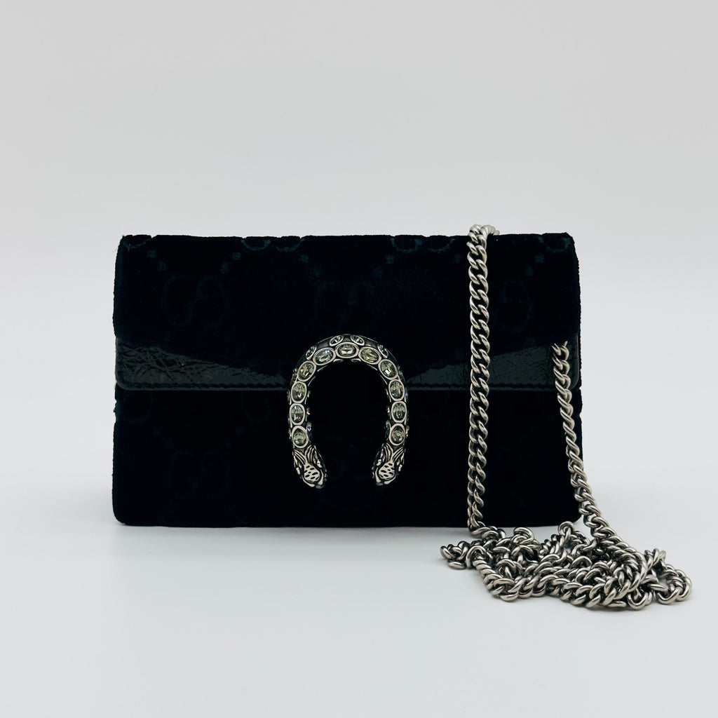 Gucci GG Velvet Dionysus Super Mini Black Chain Shoulder Bag