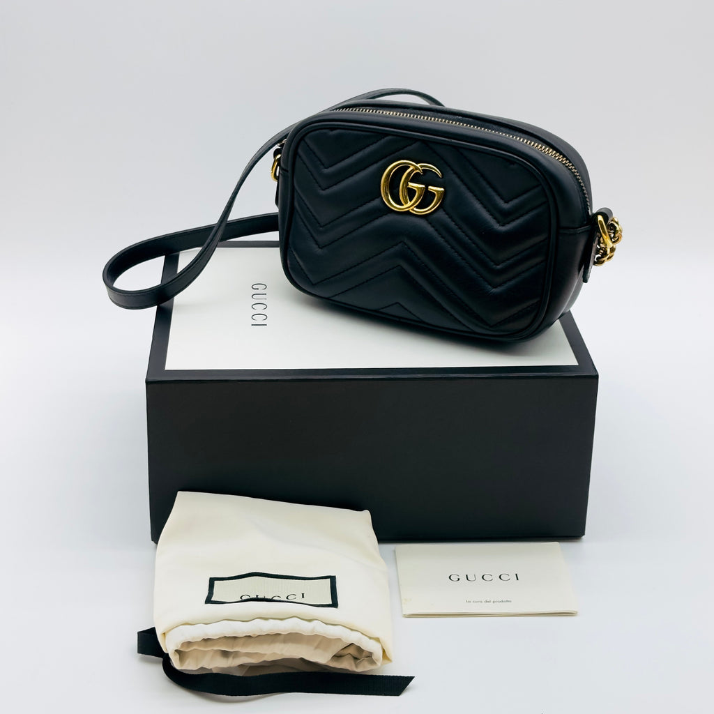 Gucci Matelassé Leather GG Marmont Mini Black Camera Bag