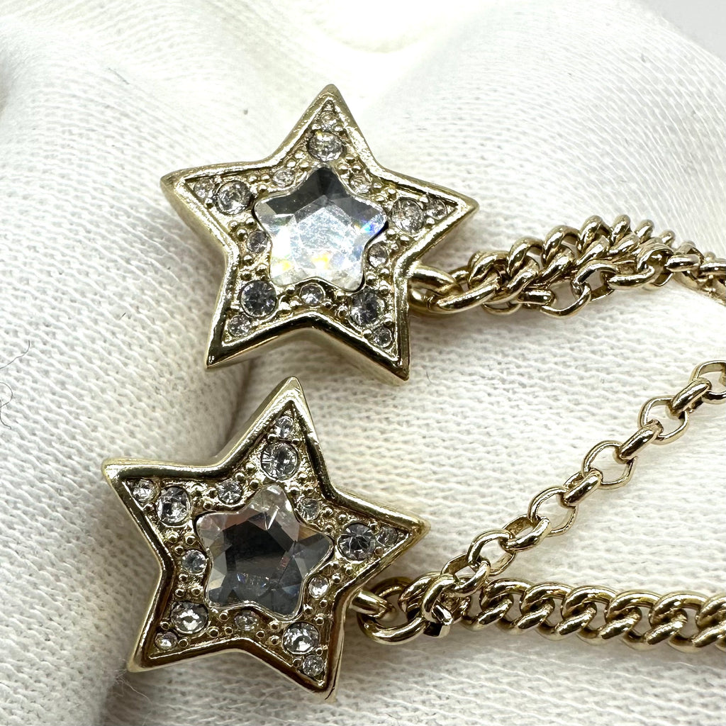 Chanel Star Rhinestone Tassel Stud Earrings with Double CC Logo Gold